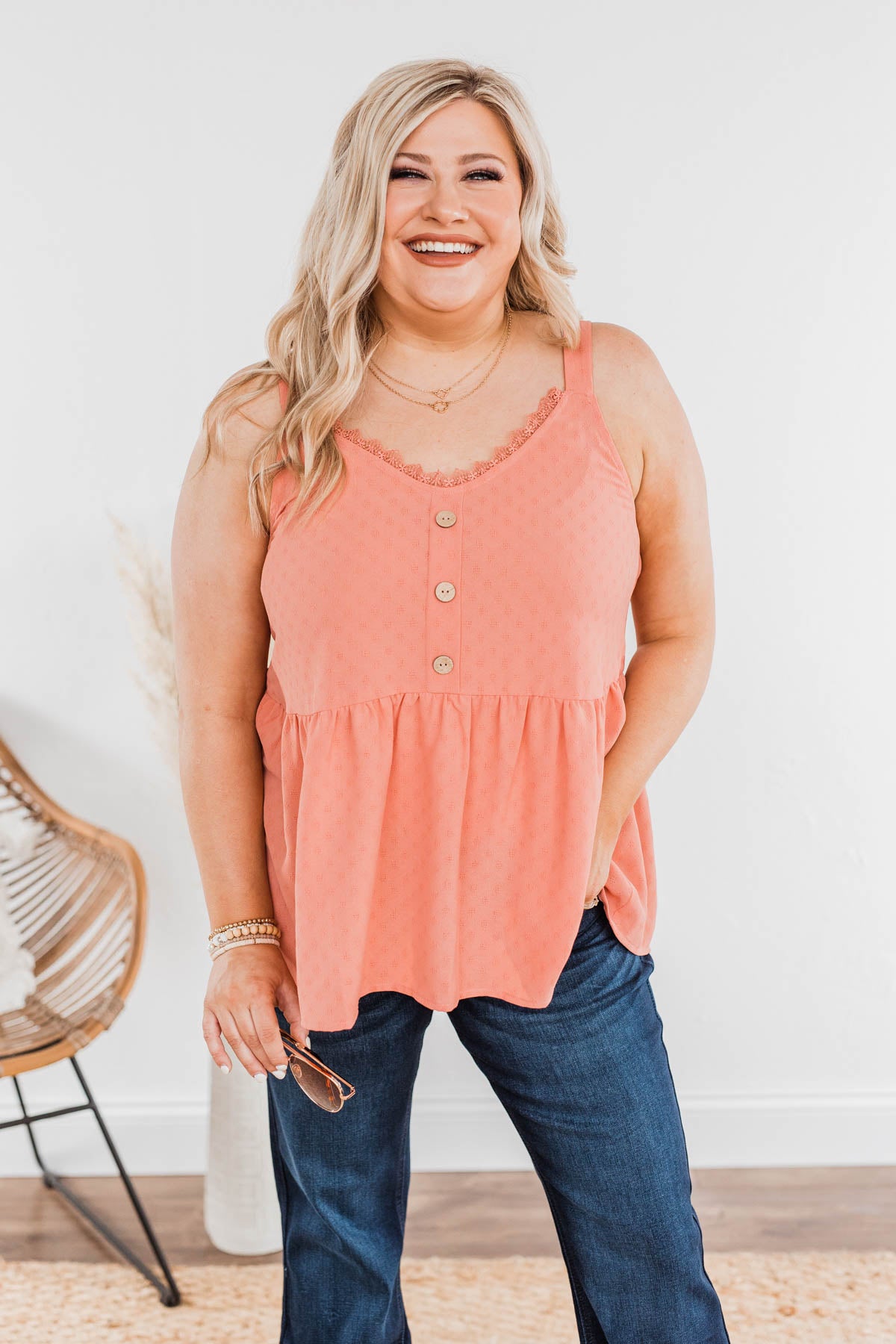 Hearts Beat In Harmony Button Tank- Salmon