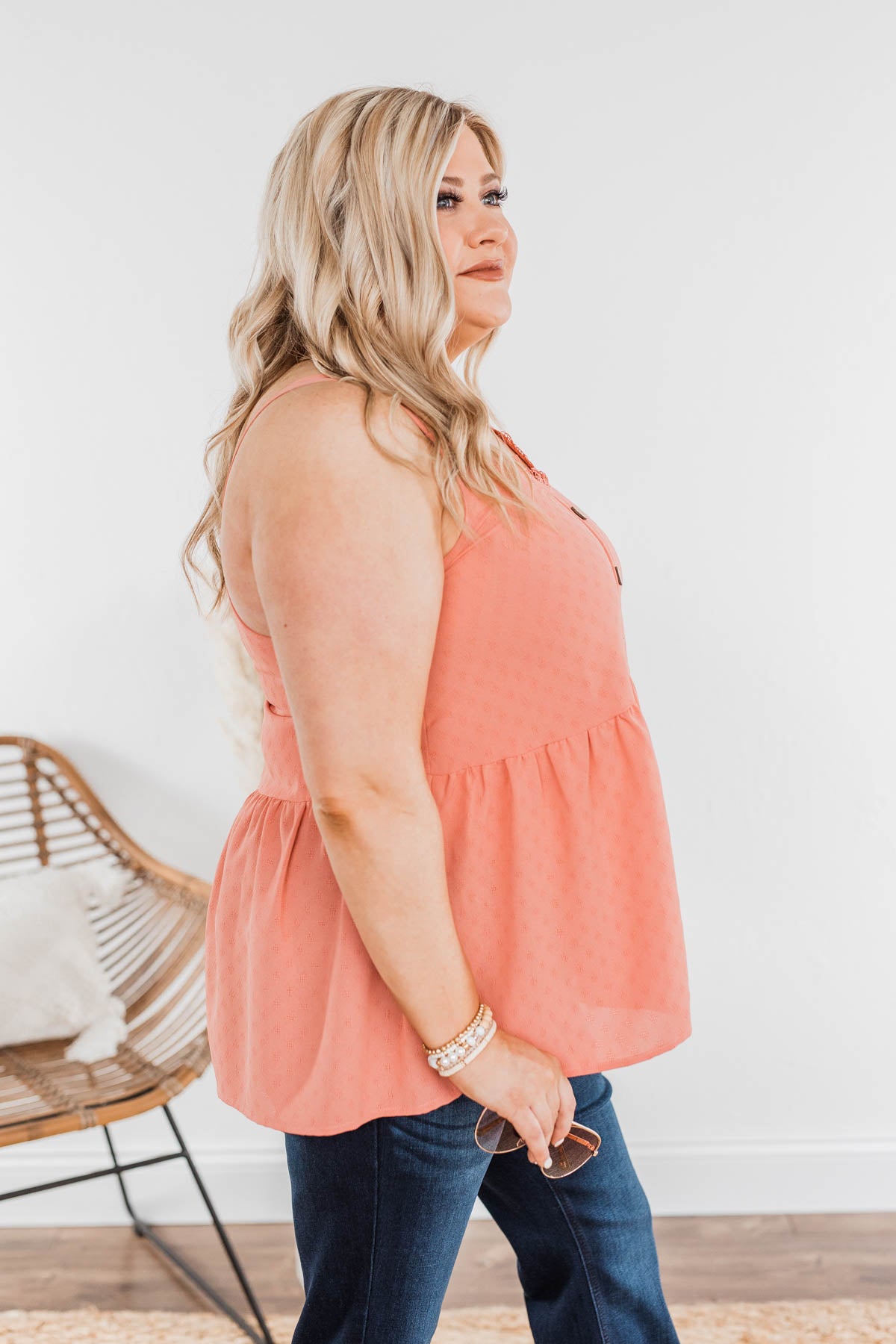 Hearts Beat In Harmony Button Tank- Salmon