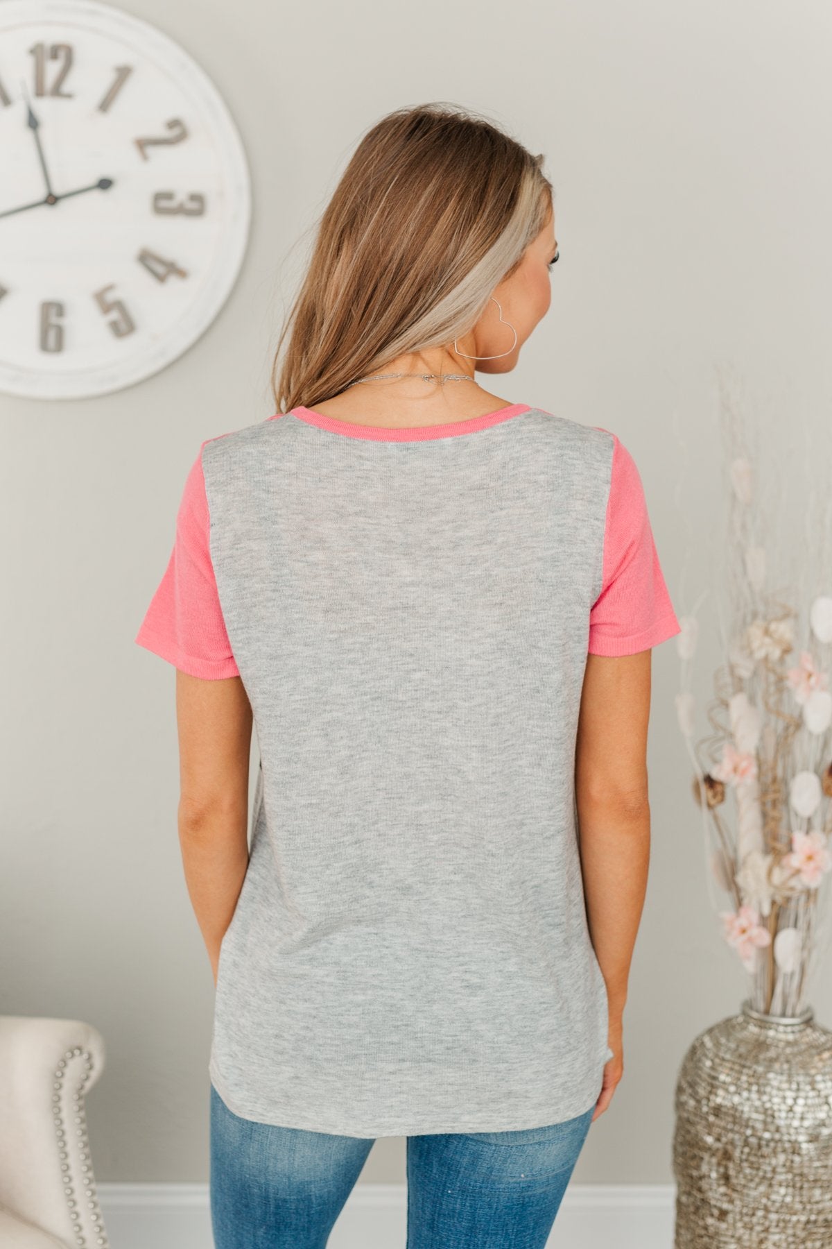 Out Of This World Color Block Knit Top- Coral, Grey, & Ivory