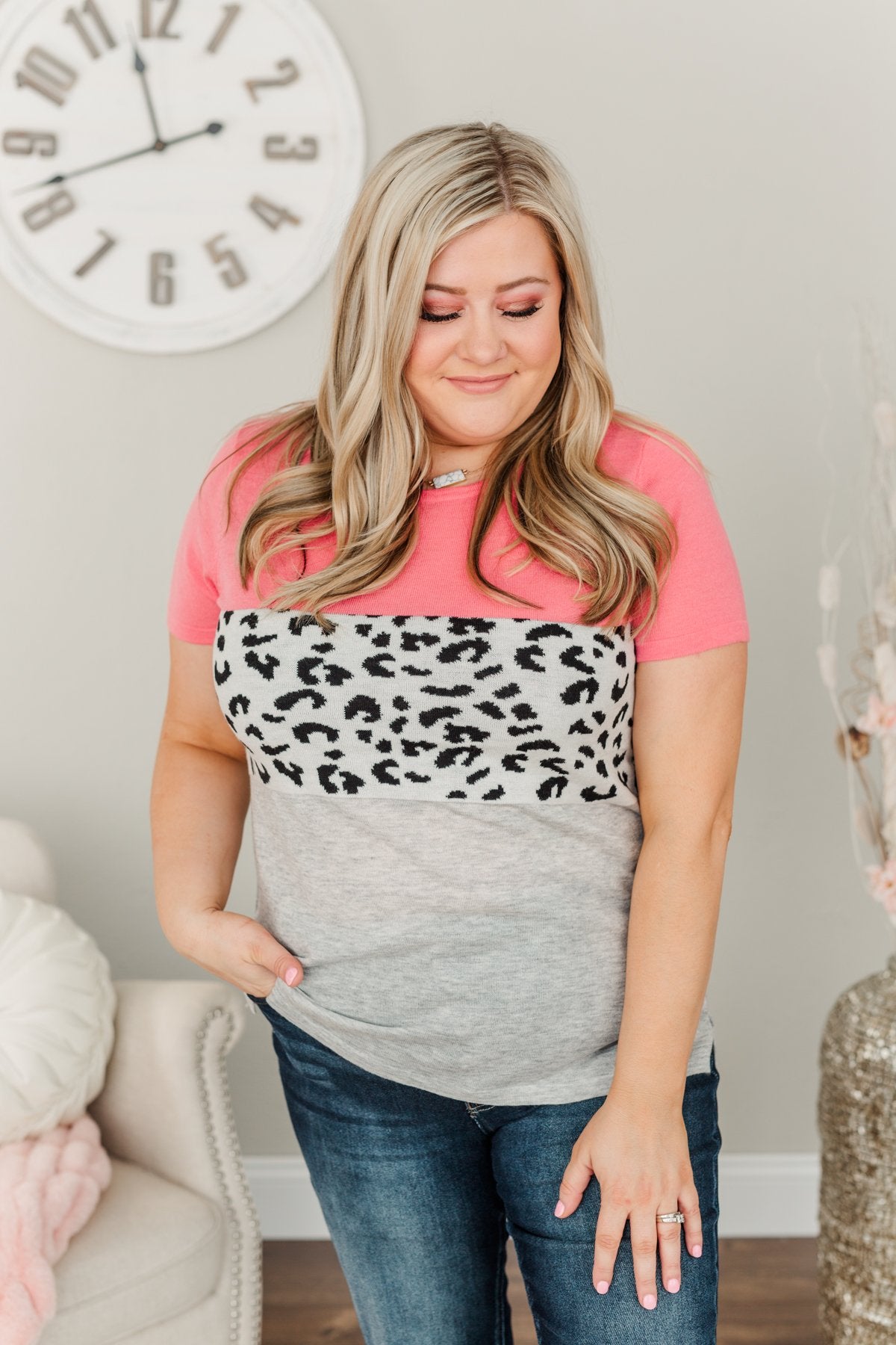 Out Of This World Color Block Knit Top- Coral, Grey, & Ivory