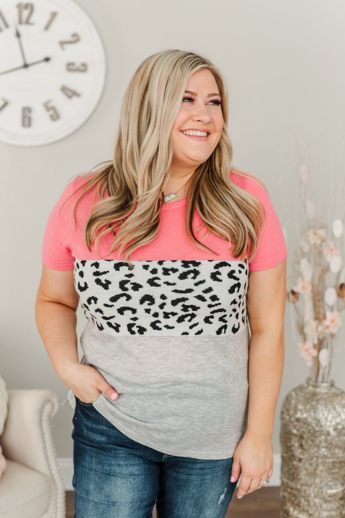 Out Of This World Color Block Knit Top- Coral, Grey, & Ivory