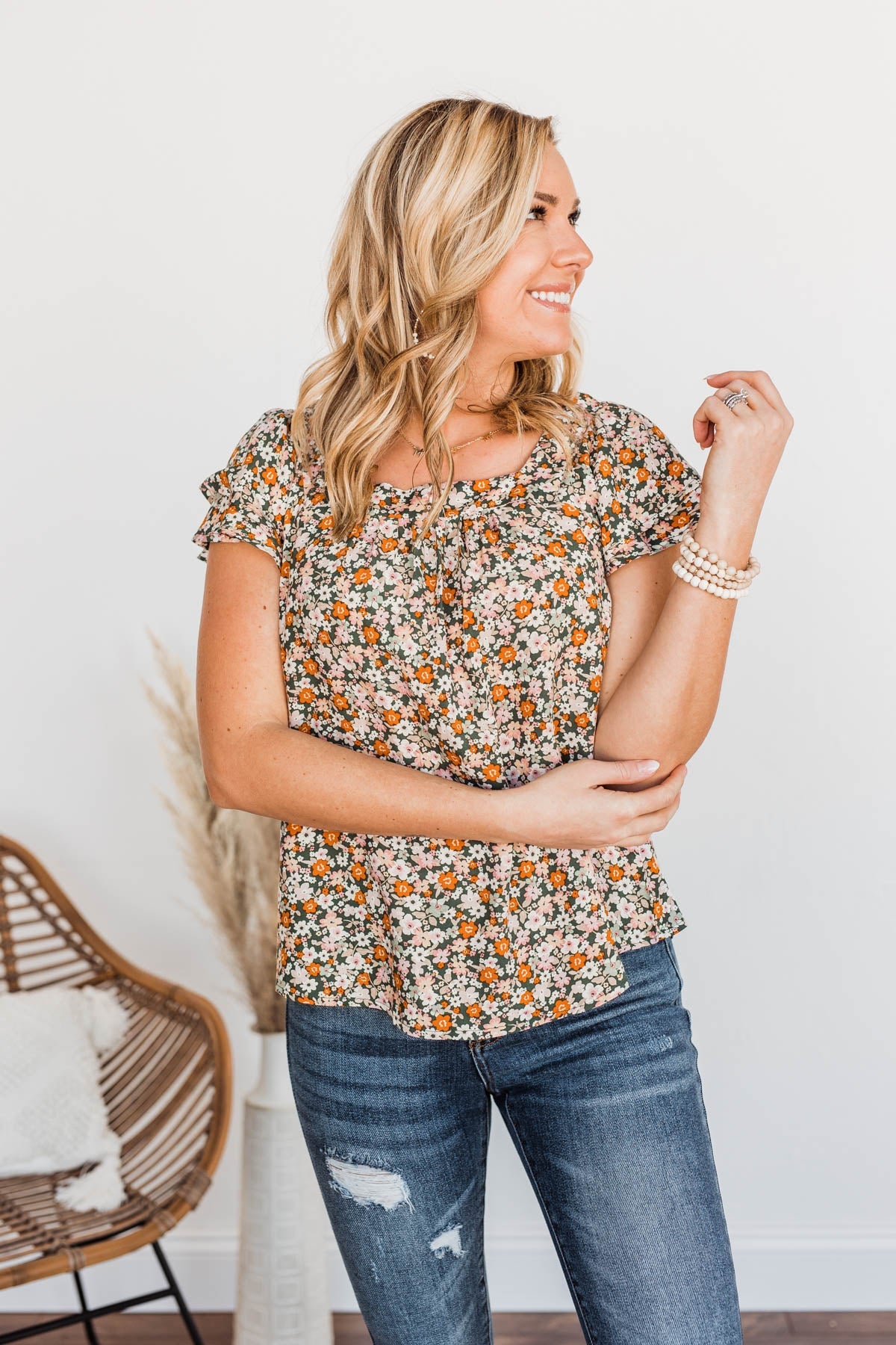 Not Afraid To Feel Floral Blouse- Olive