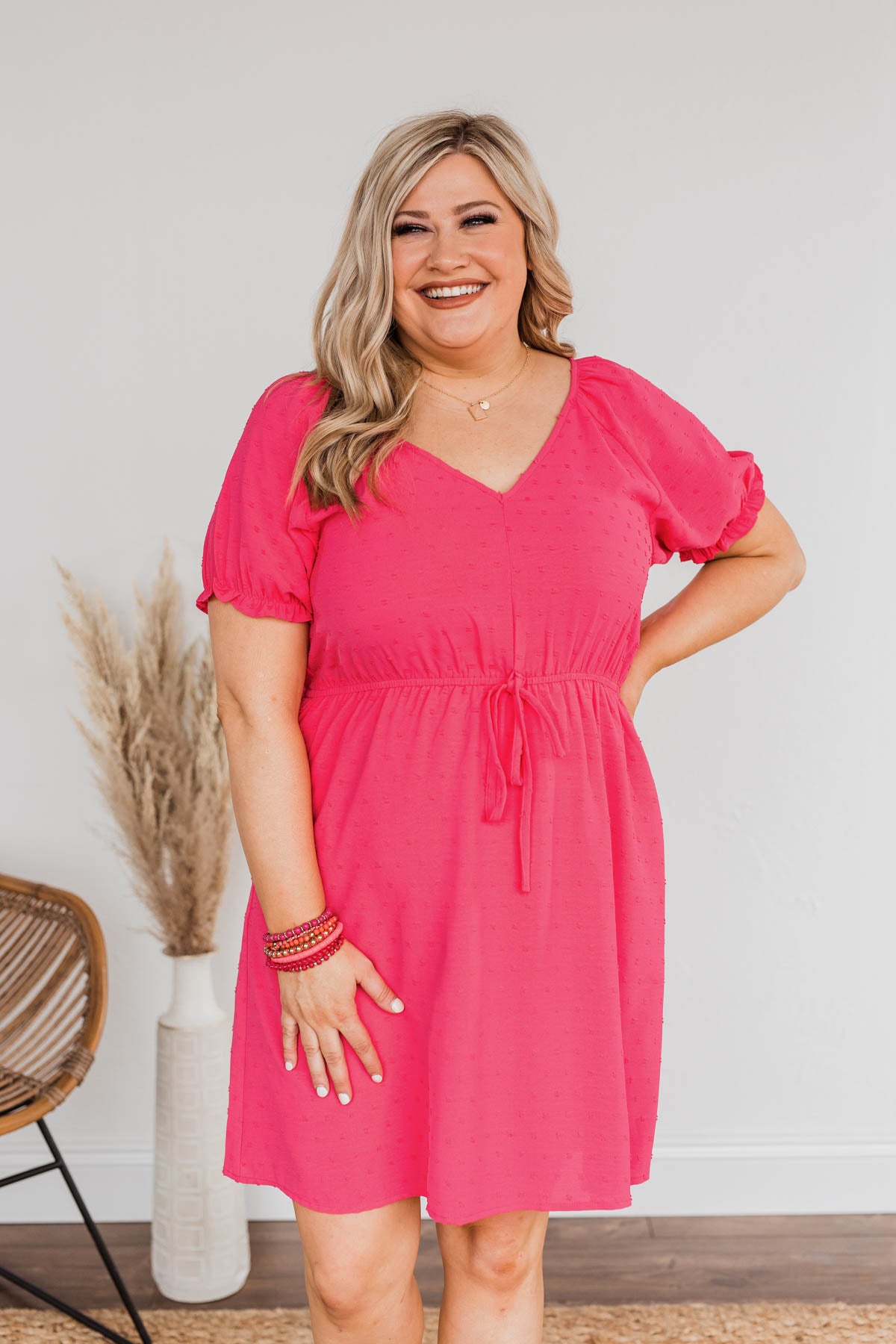 Brightly Shining Swiss Dot Dress- Hot Pink Brightly Shining Swiss Dot Dress- Hot Pink