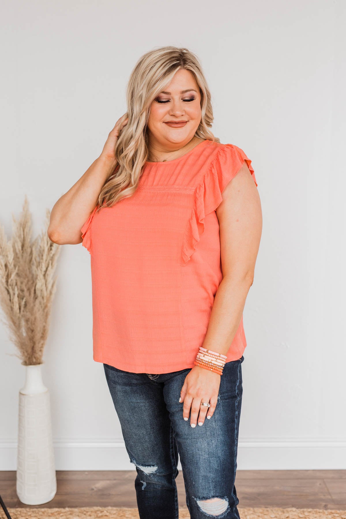 Let You Know Flutter Sleeve Blouse- Hot Coral