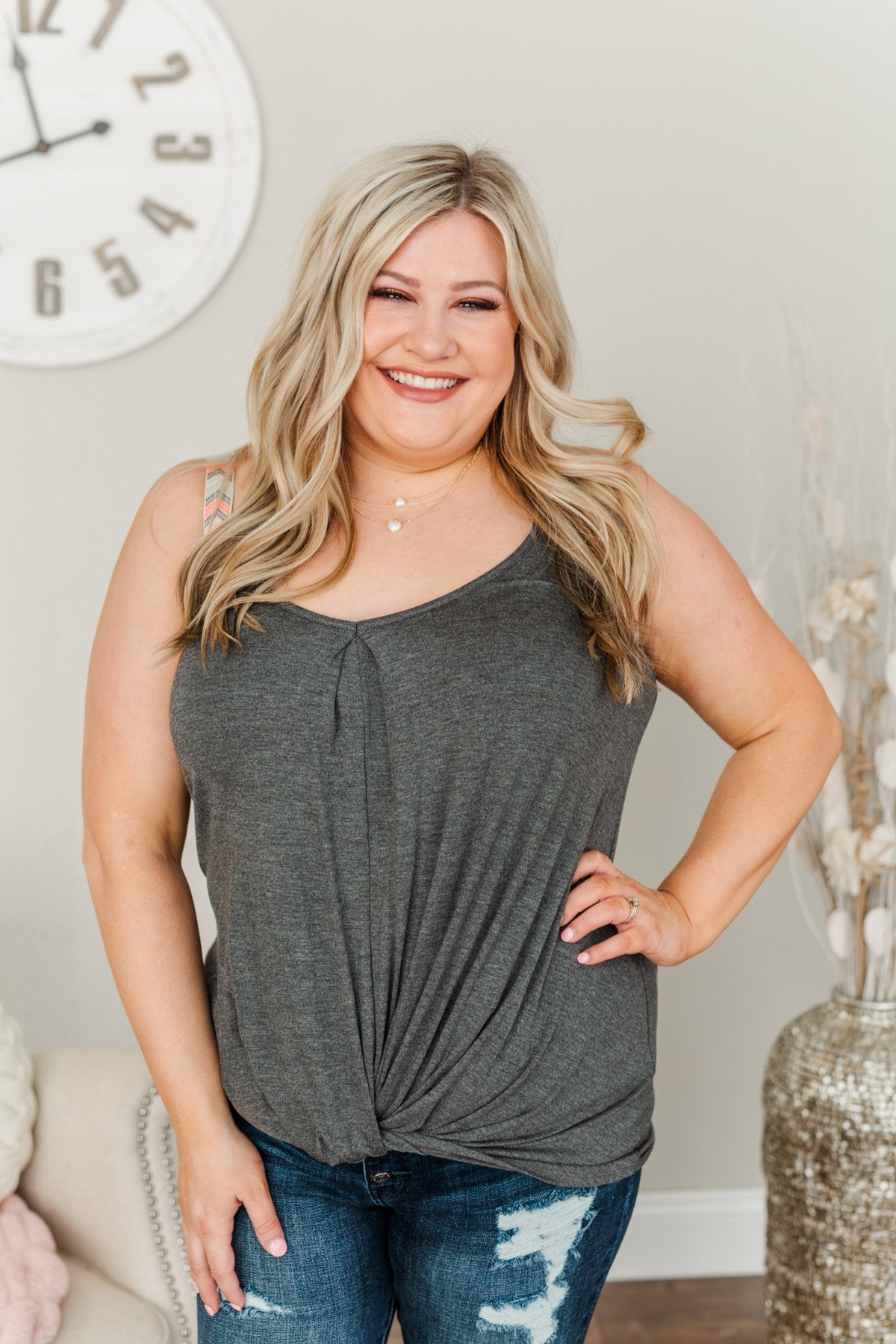 Enjoy The Journey Front Twist Tank Top- Charcoal