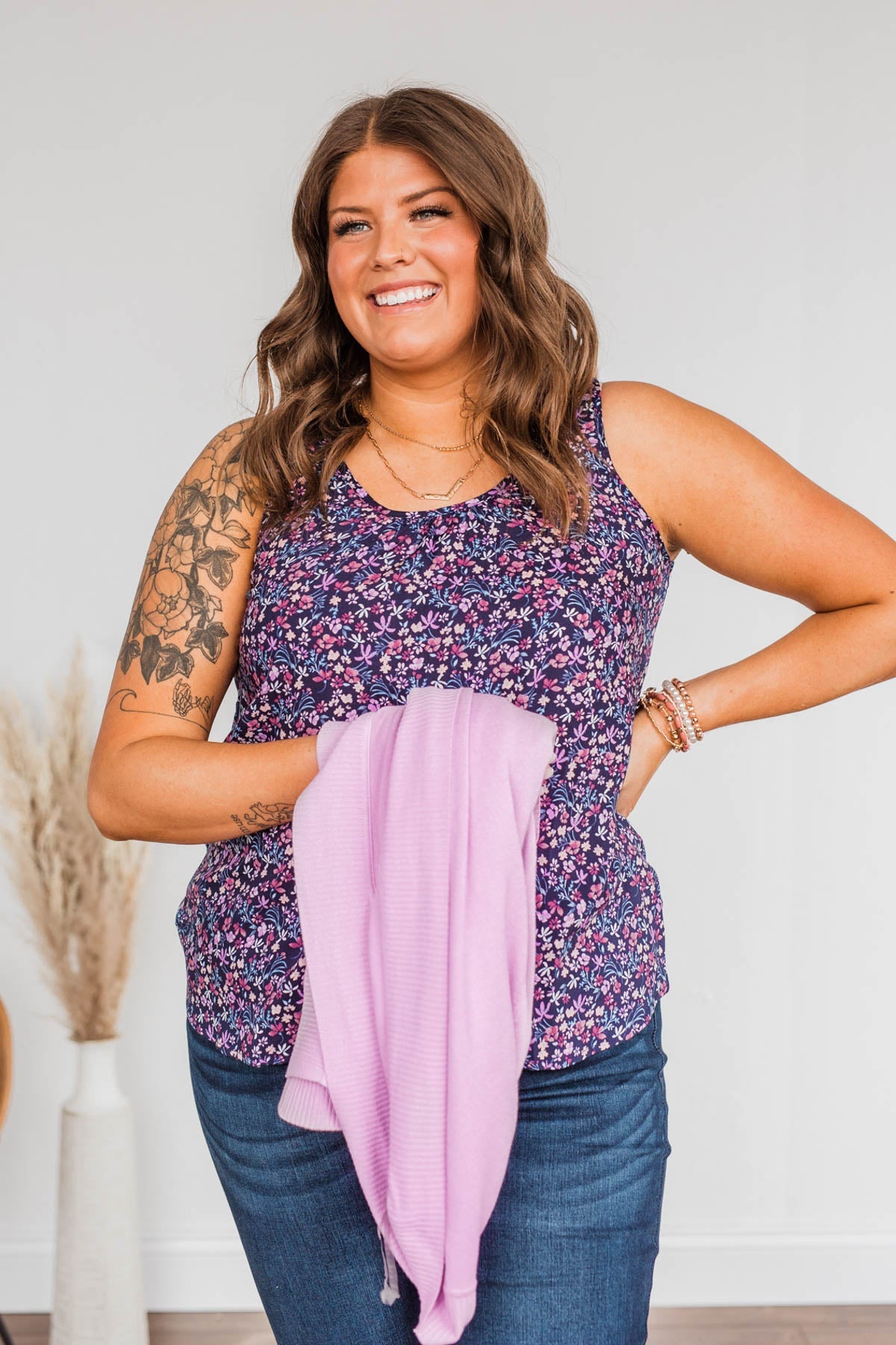 Cherry Pie & Summer Skies Floral Tank Top- Navy