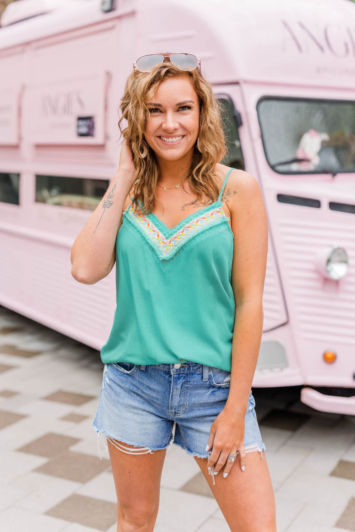 The Tropical Life V-Neck Tank Top- Teal