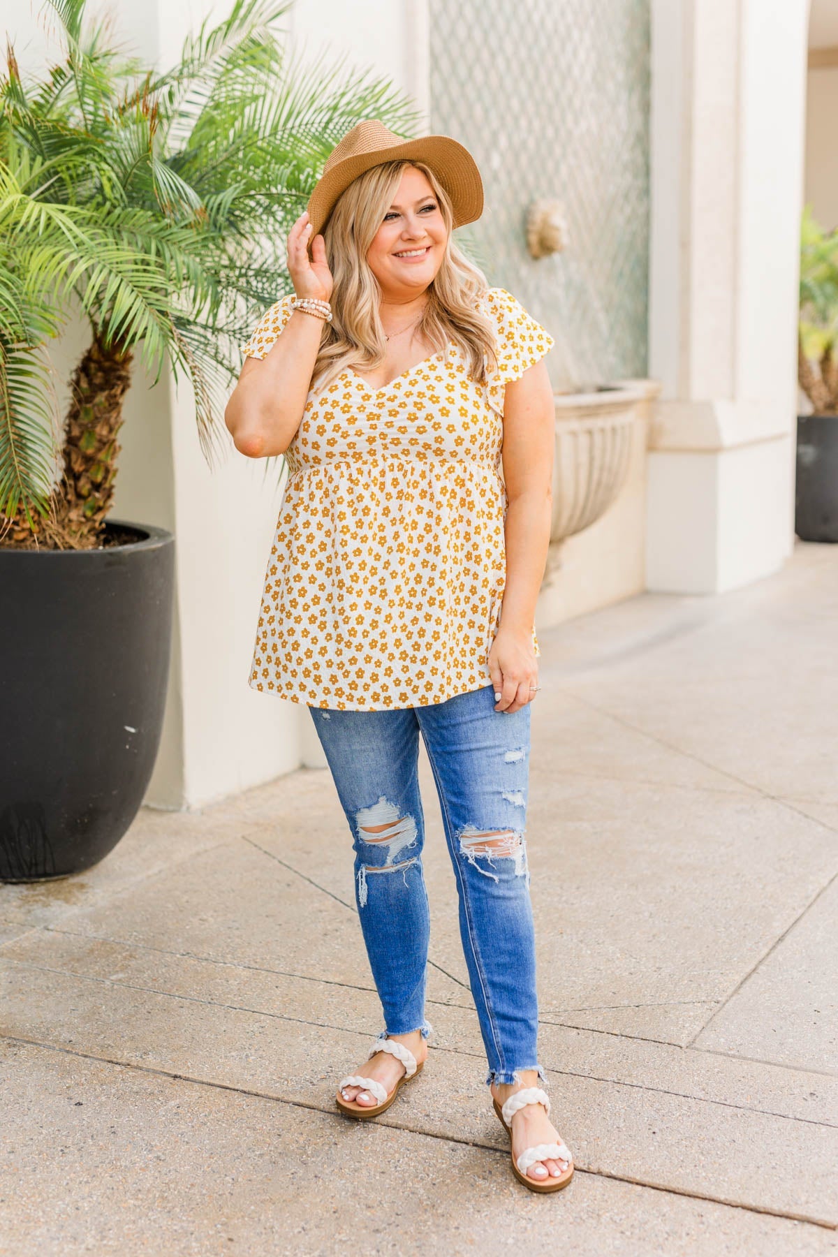 Shining Rays Floral Babydoll Top- Mustard & Ivory