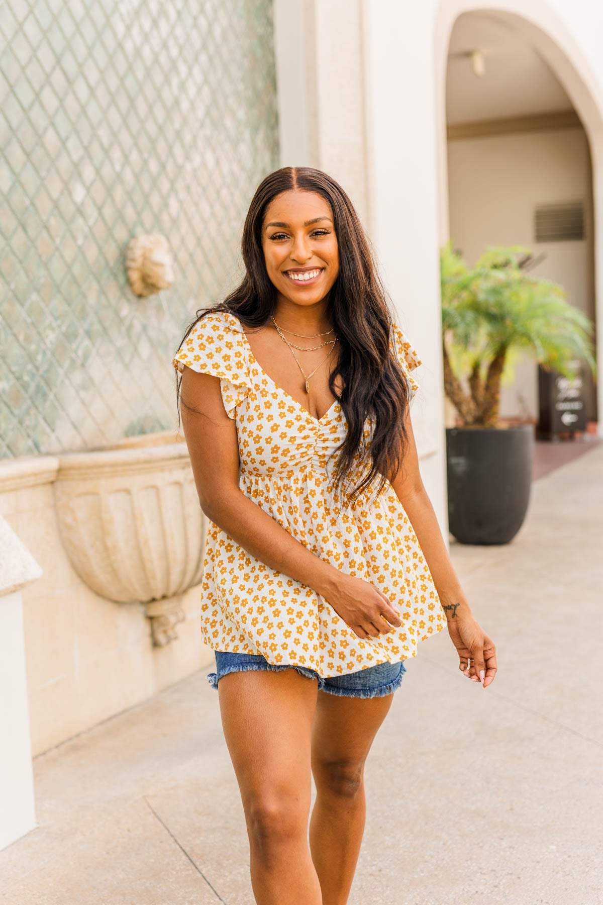 Shining Rays Floral Babydoll Top- Mustard & Ivory
