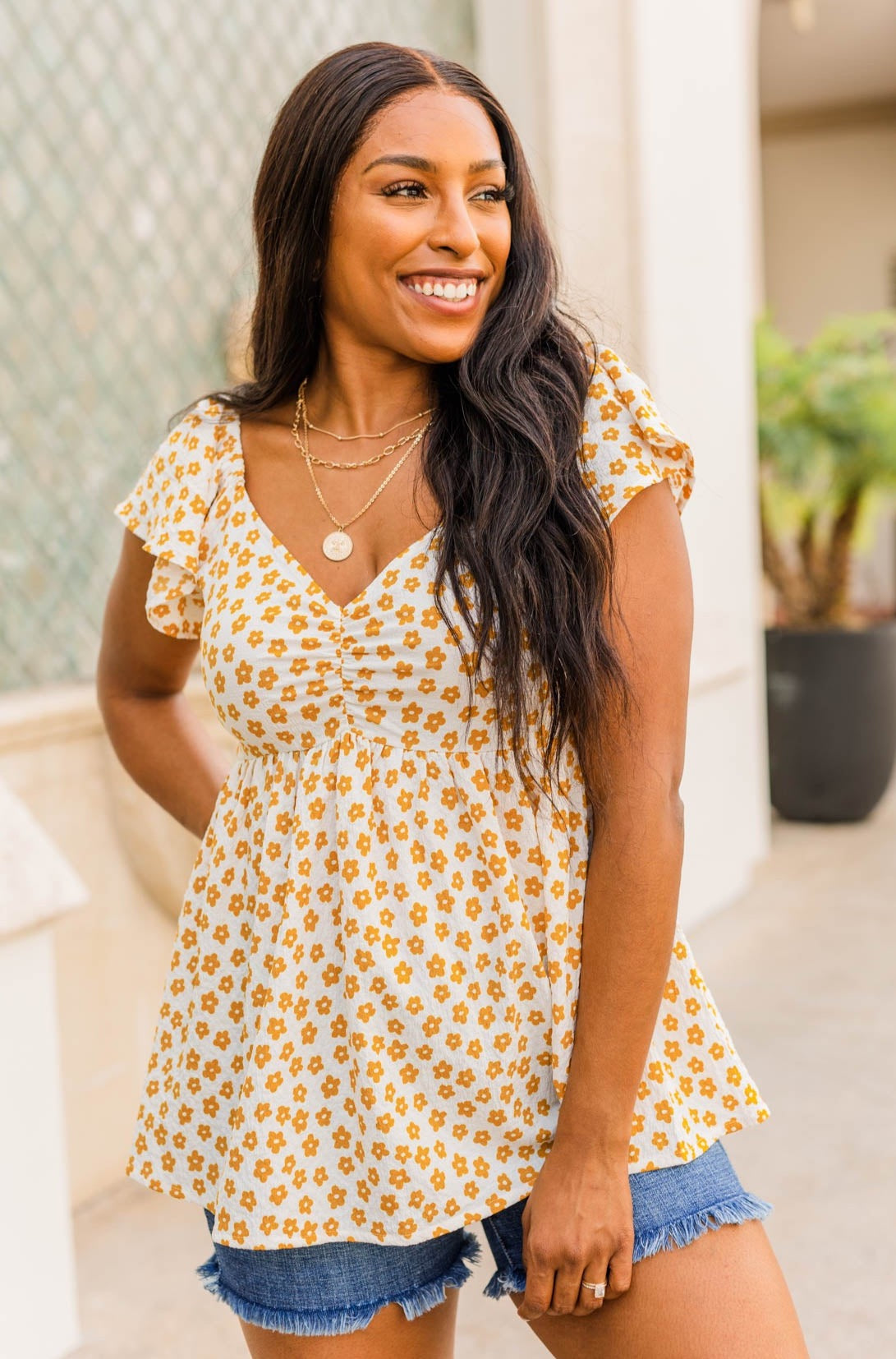 Shining Rays Floral Babydoll Top- Mustard & Ivory