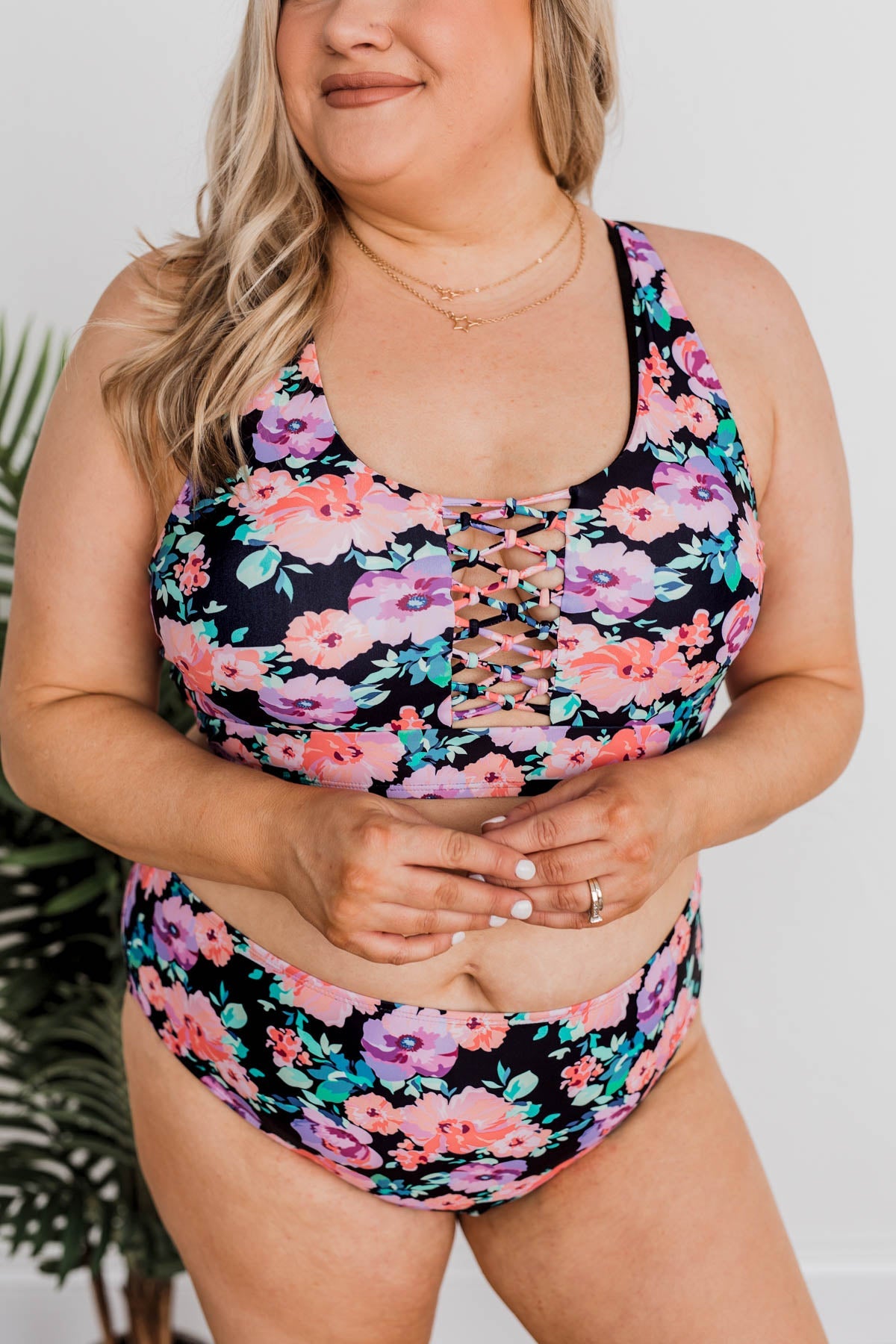 Tropical Breeze Floral Braided Swim Top- Black, Peach & Purple – The Pulse  Boutique