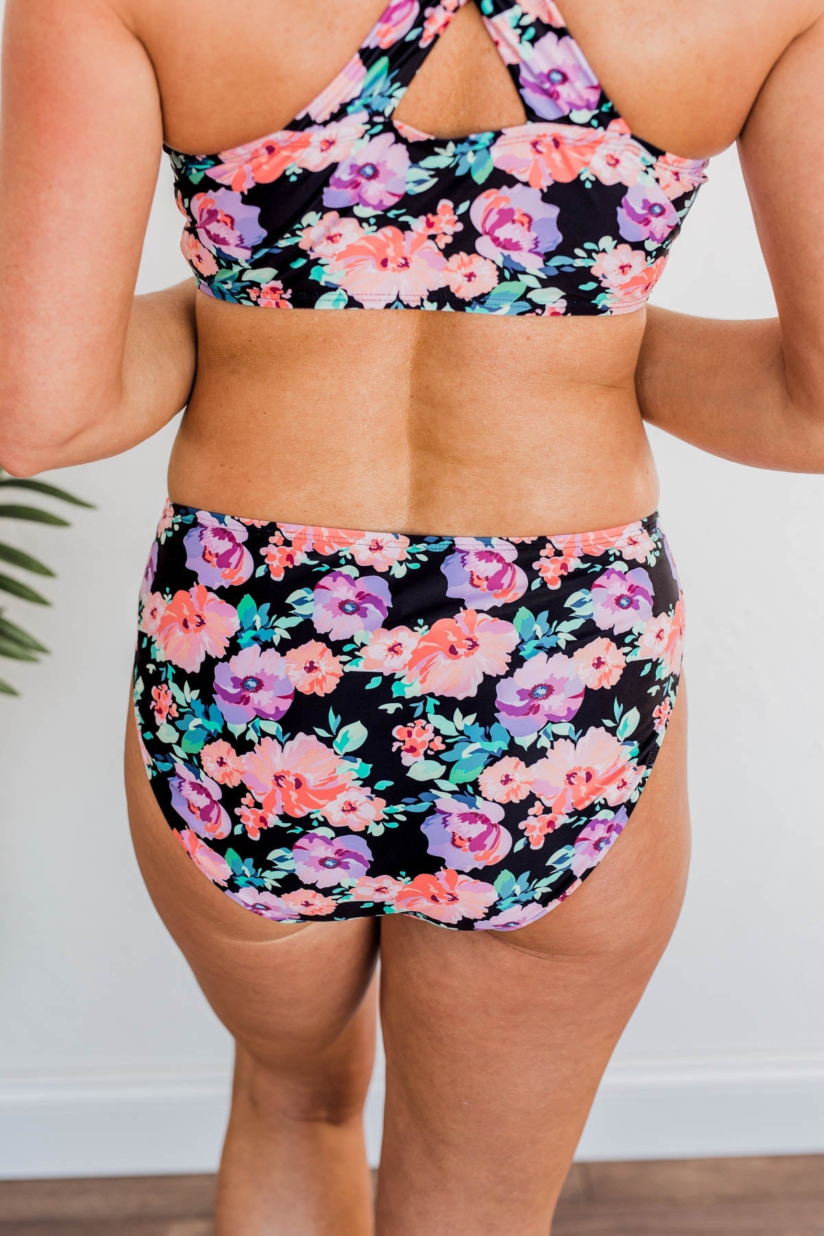 Bask In The Sun Mid-Rise Swim Bottoms- Black Floral