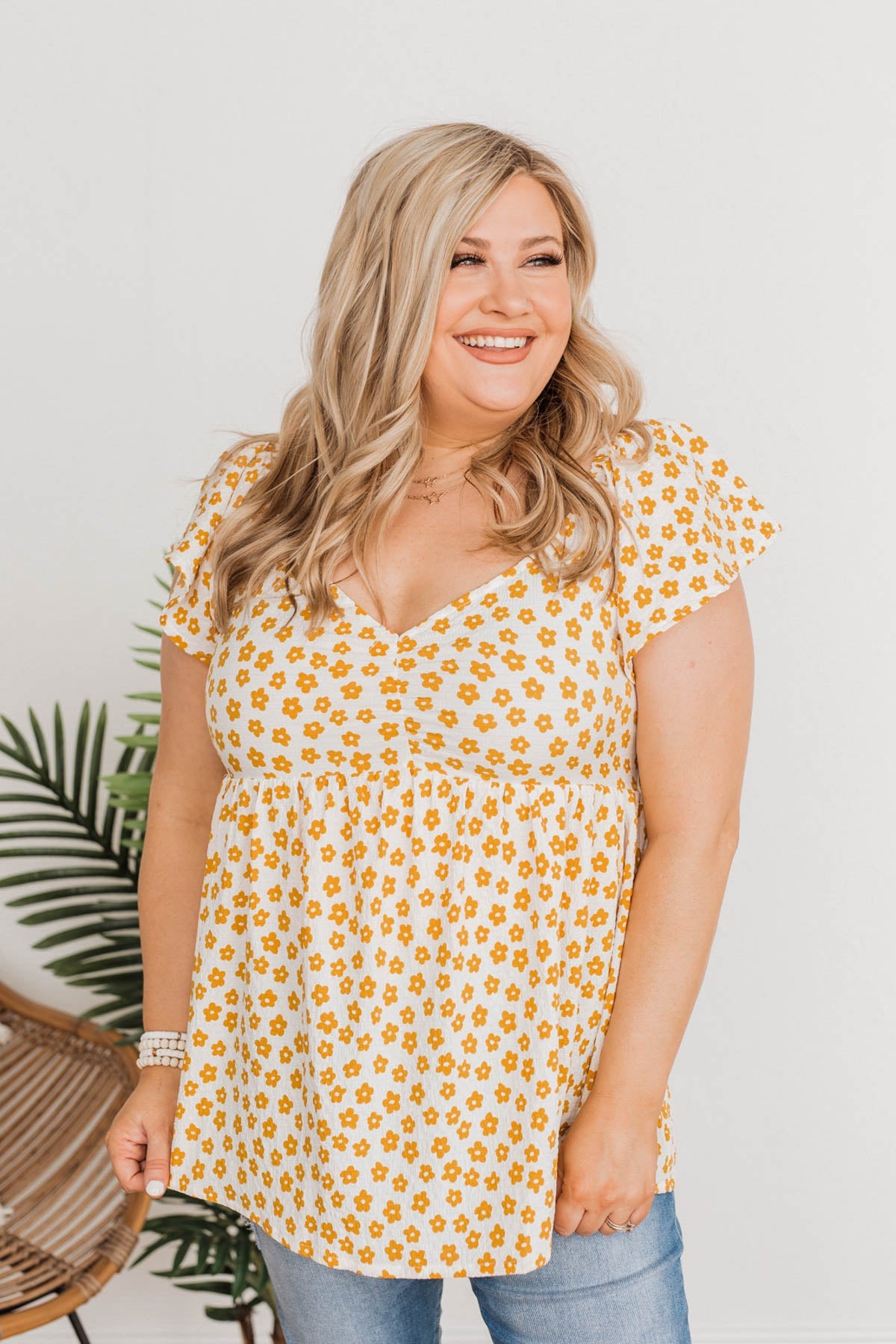 Shining Rays Floral Babydoll Top- Mustard & Ivory