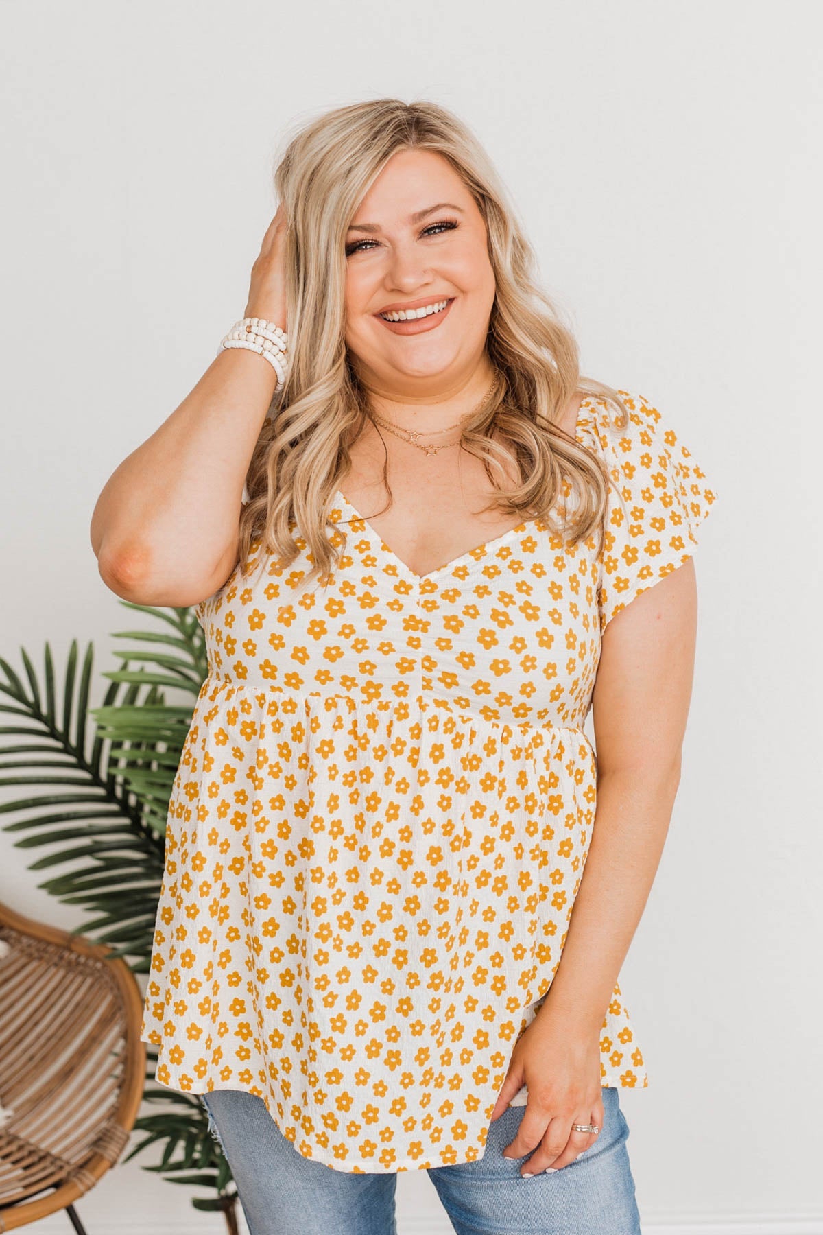 Shining Rays Floral Babydoll Top- Mustard & Ivory