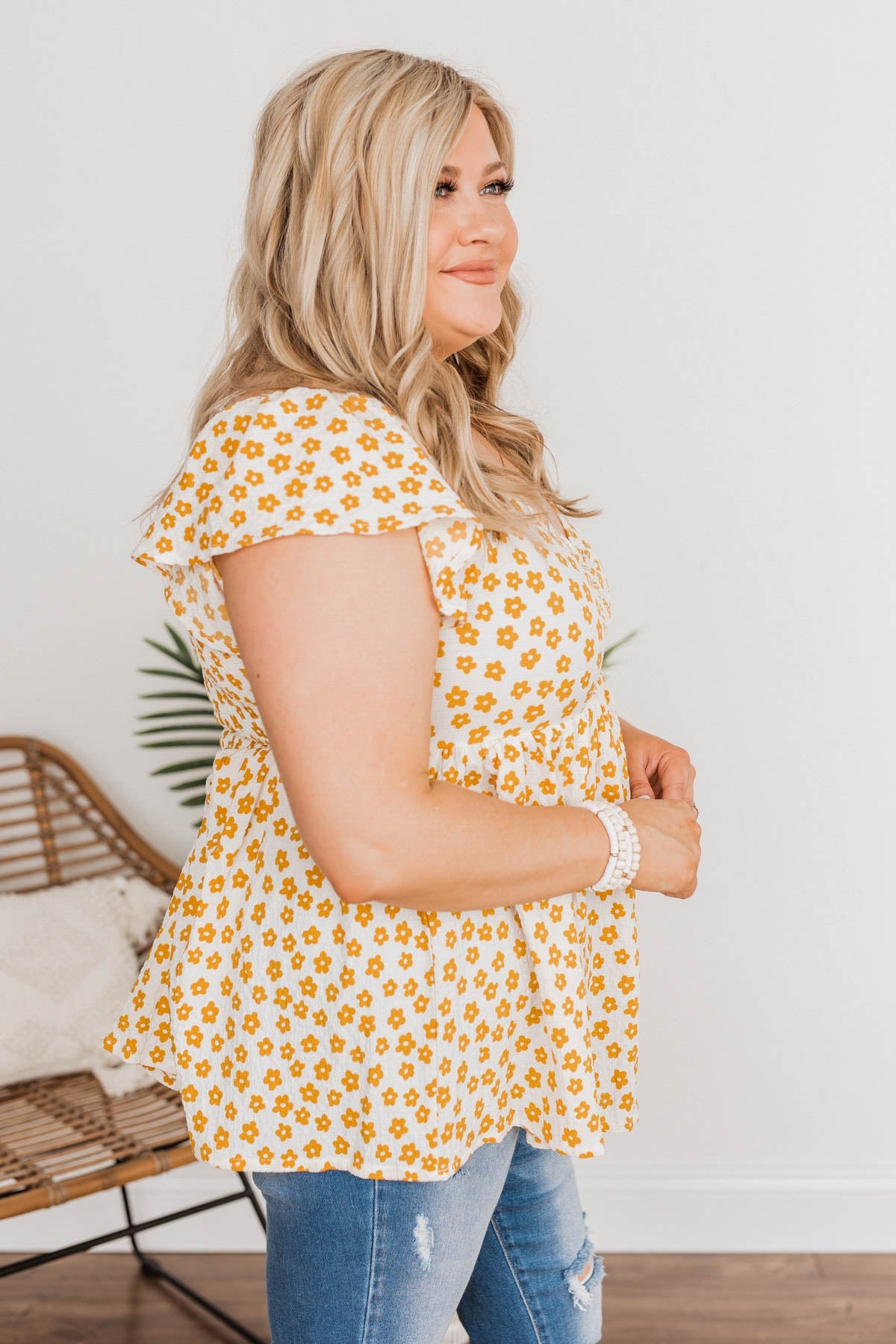 Shining Rays Floral Babydoll Top- Mustard & Ivory
