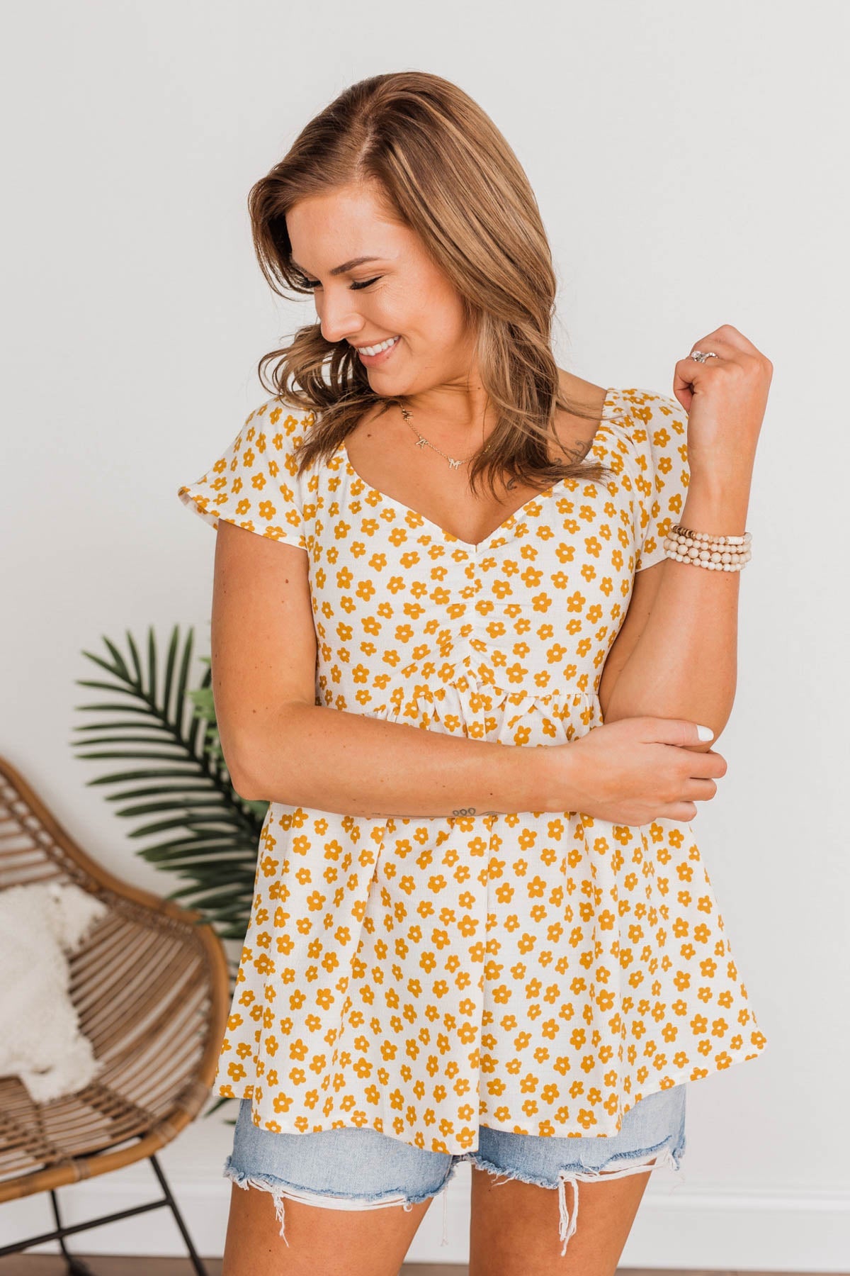 Shining Rays Floral Babydoll Top- Mustard & Ivory
