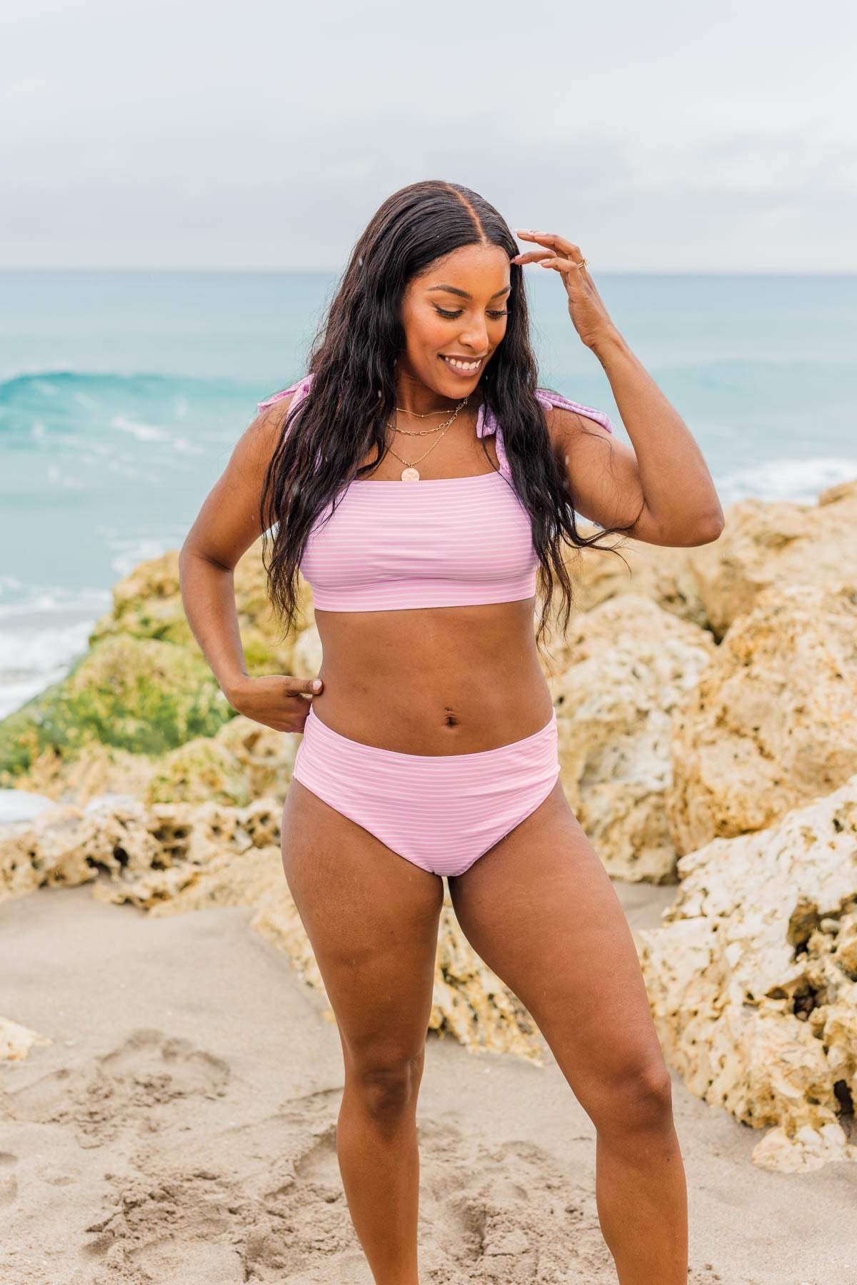 Chasing The Sun Striped Bandeau Swim Top- Pink