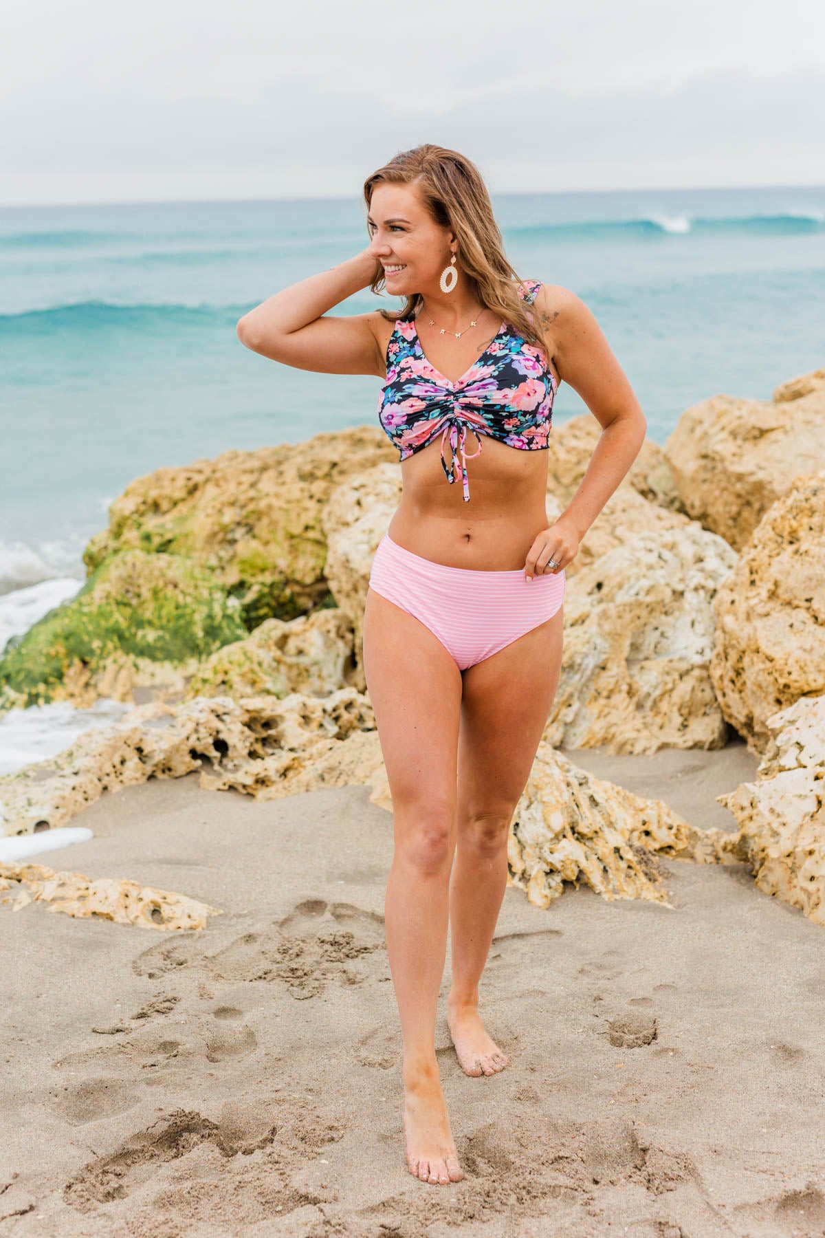 Bask In The Sun Mid-Rise Swim Bottoms- Pink Stripe
