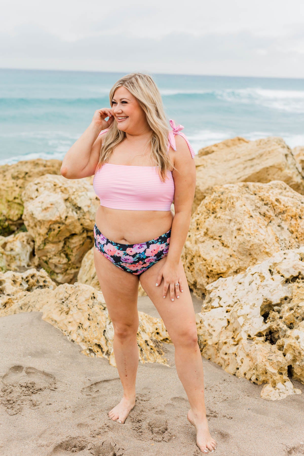 Chasing The Sun Striped Bandeau Swim Top- Pink