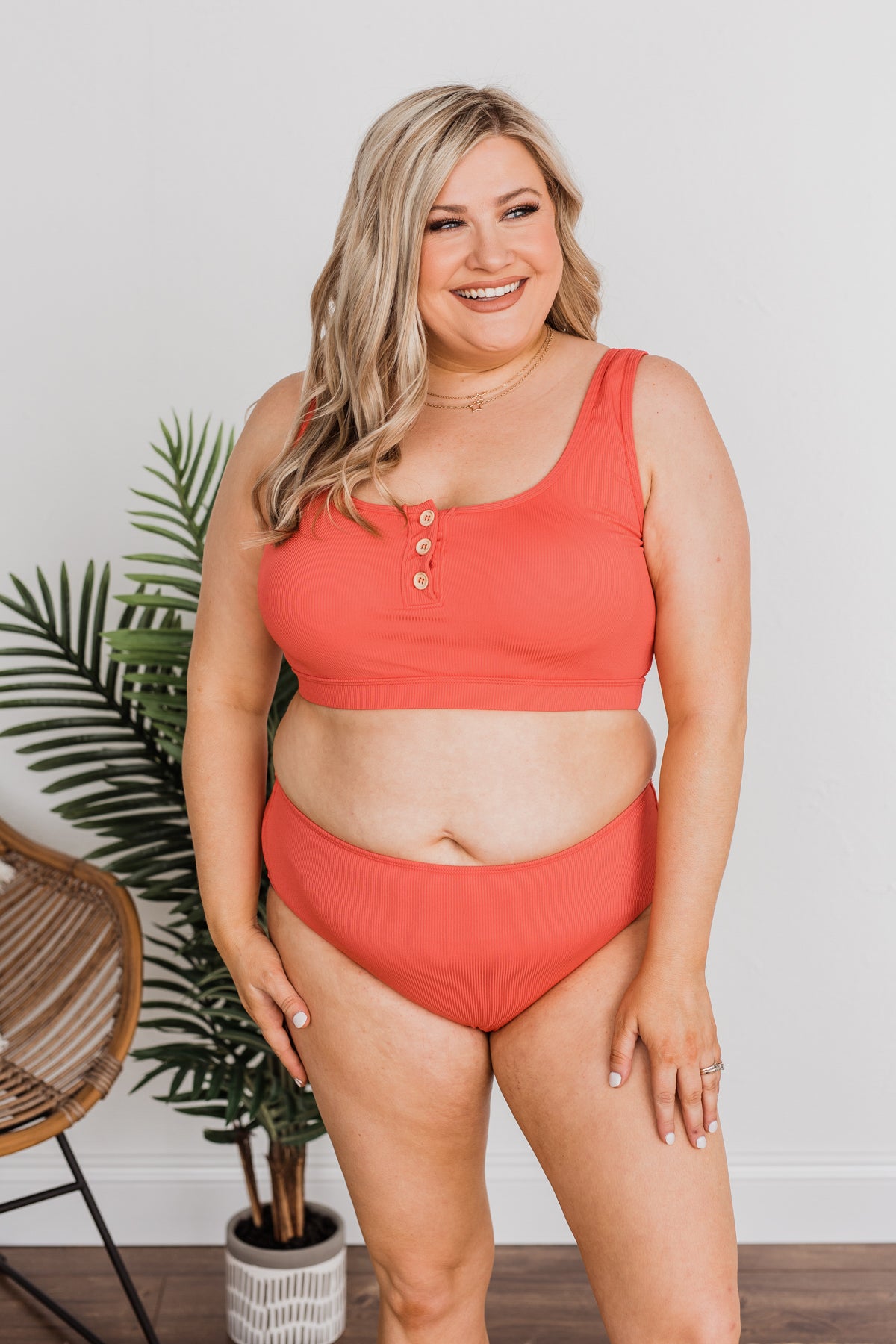 Summertime Shine Ribbed Knit Swim Top- Tomato