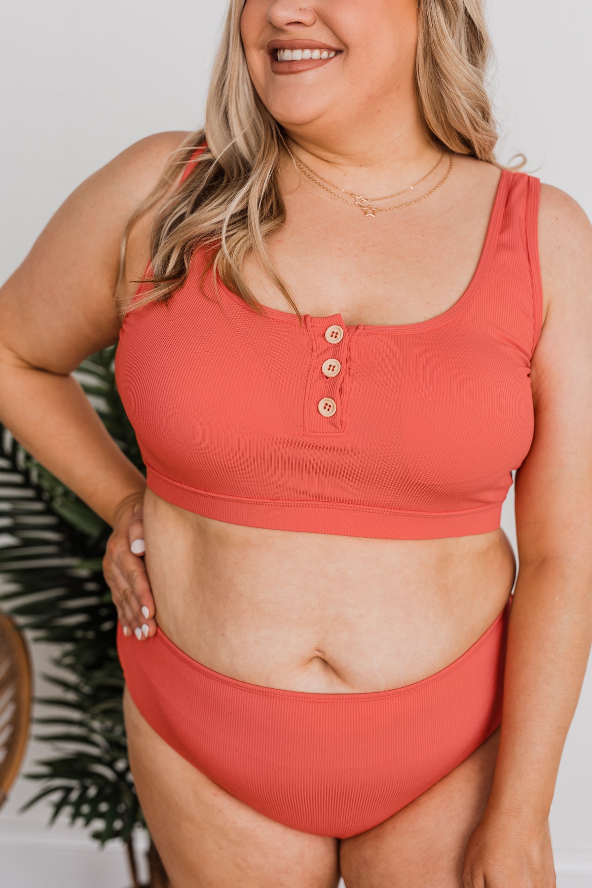 Summertime Shine Ribbed Knit Swim Top- Tomato