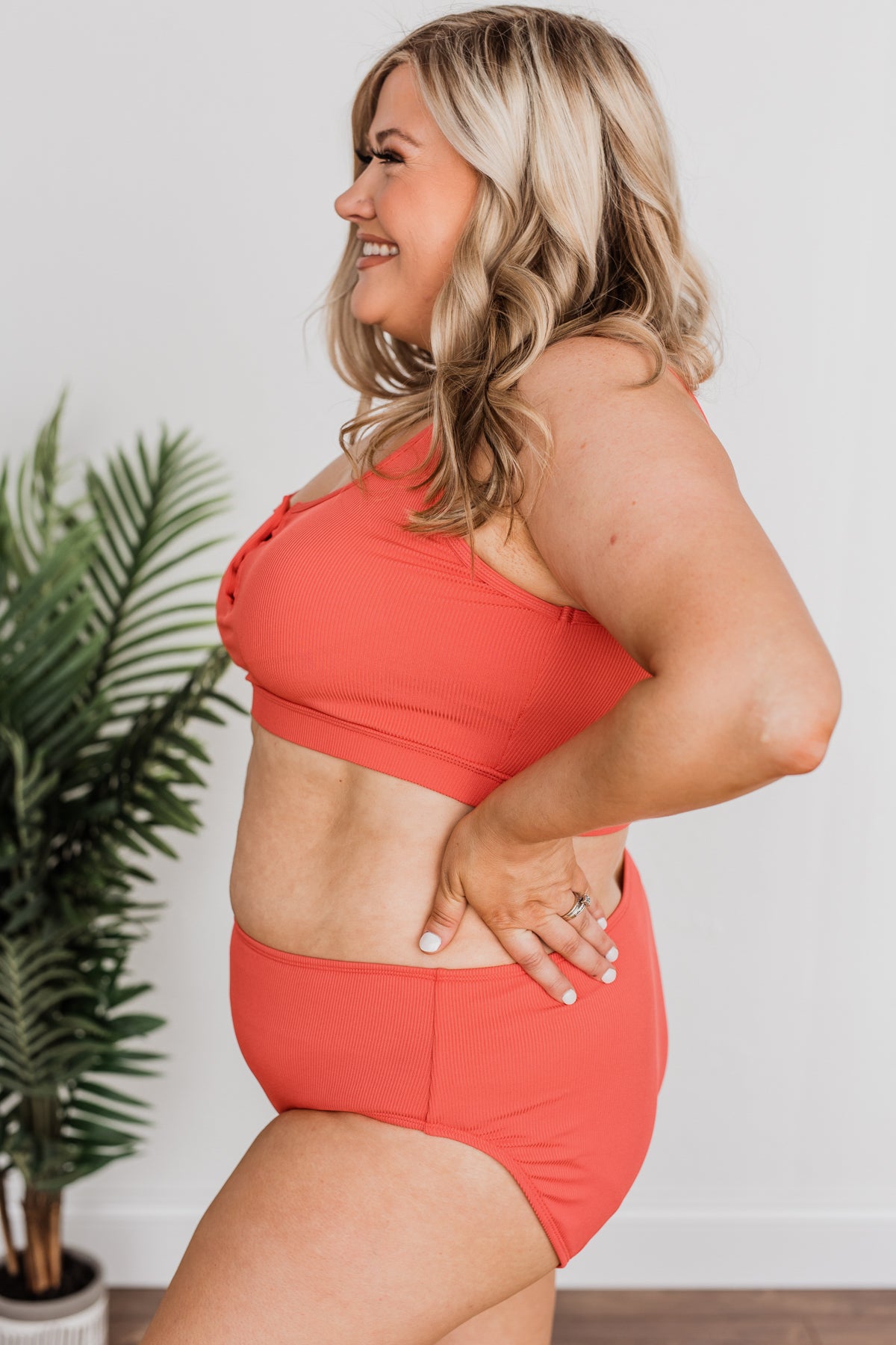 Summertime Shine Ribbed Knit Swim Top- Tomato