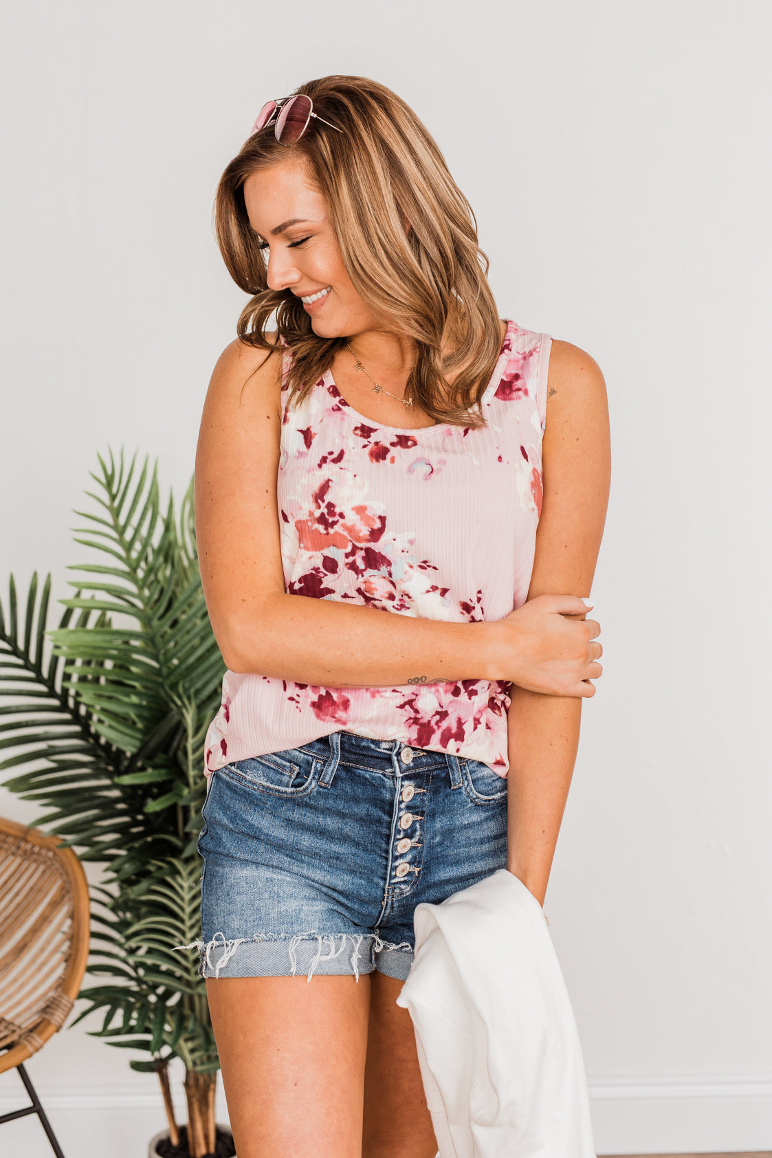 Dance On The Beach Ribbed Floral Tank- Blush