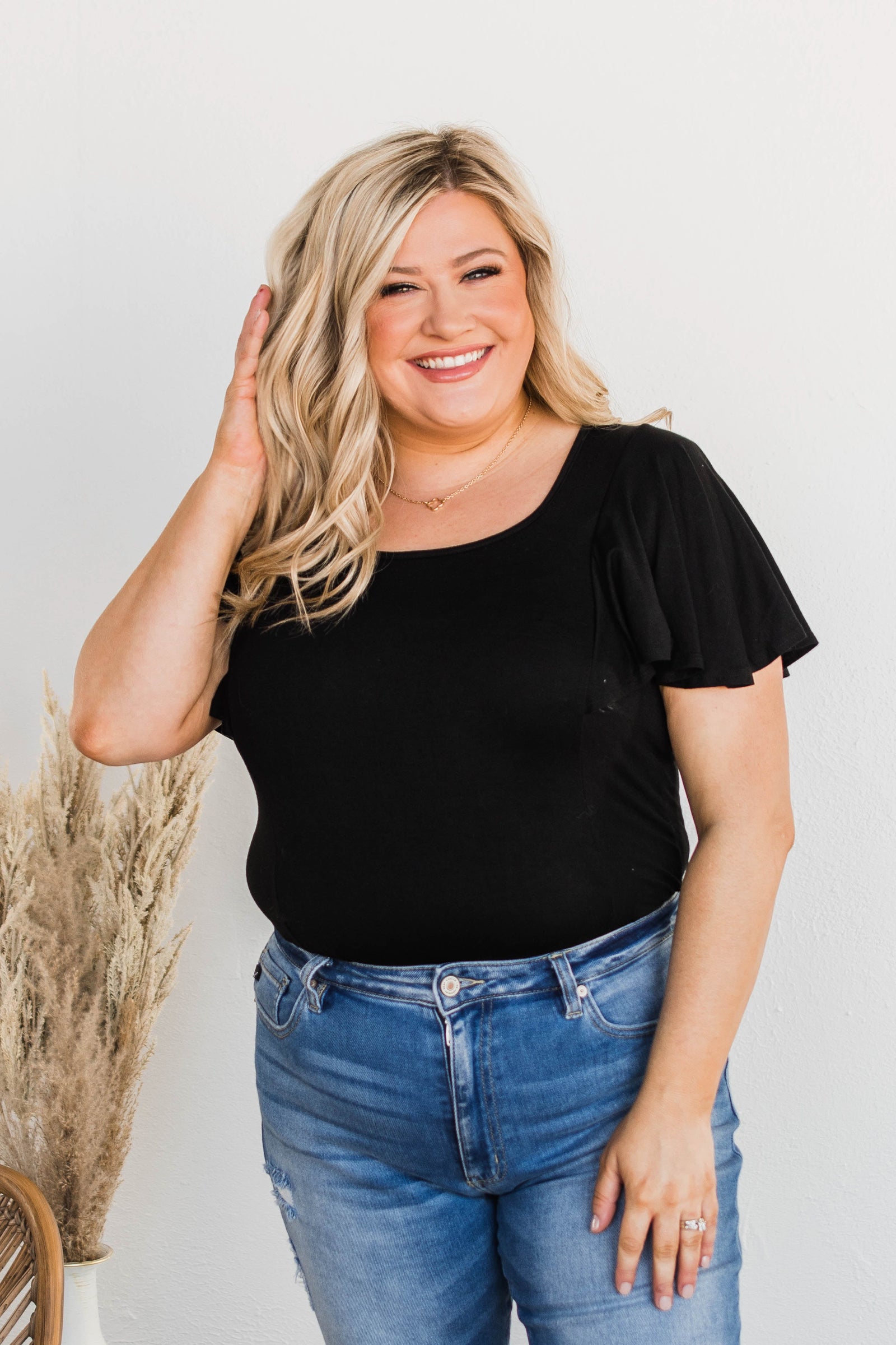 No Time Wasted Flutter Sleeve Bodysuit- Black