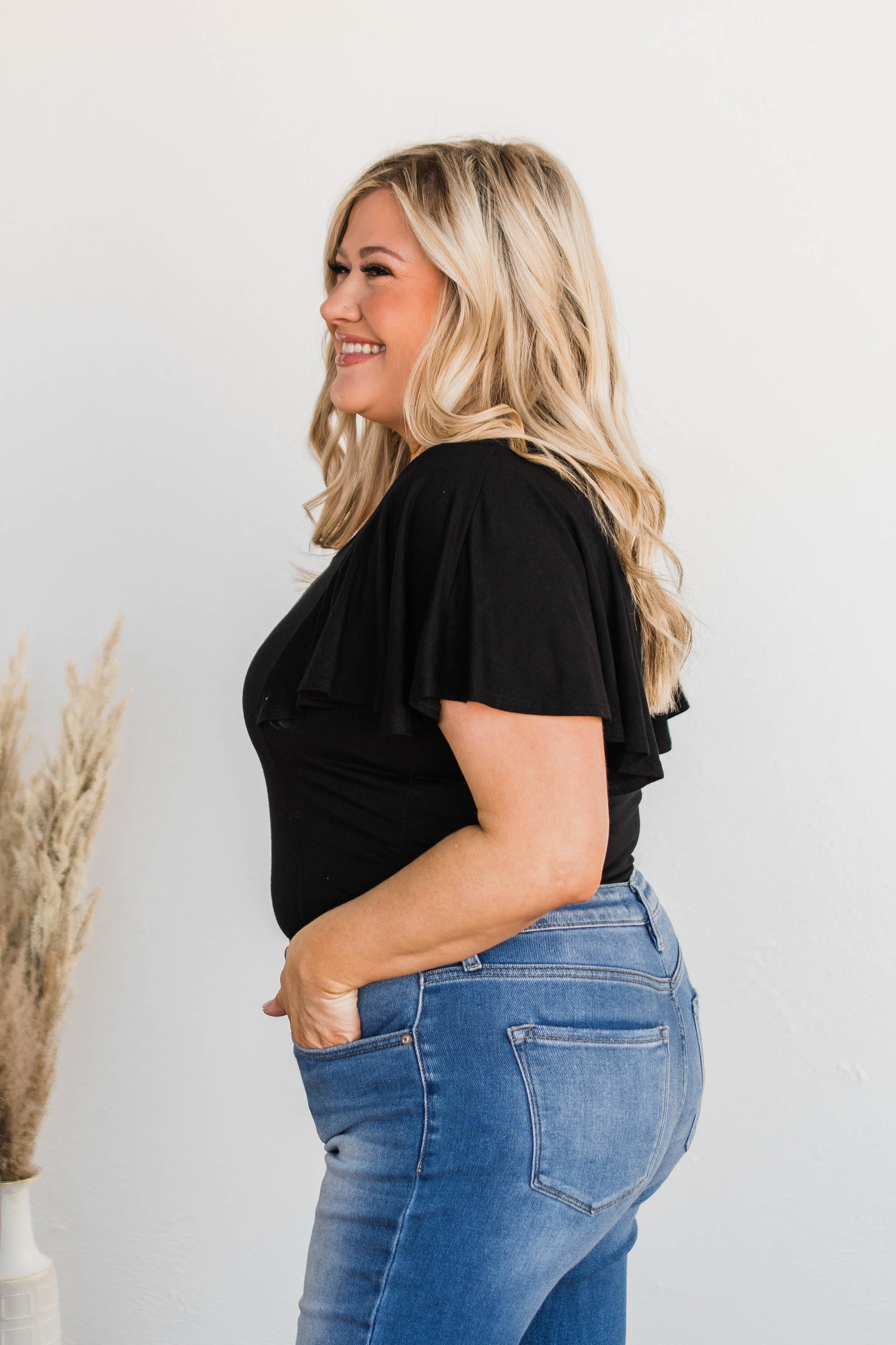 No Time Wasted Flutter Sleeve Bodysuit- Black