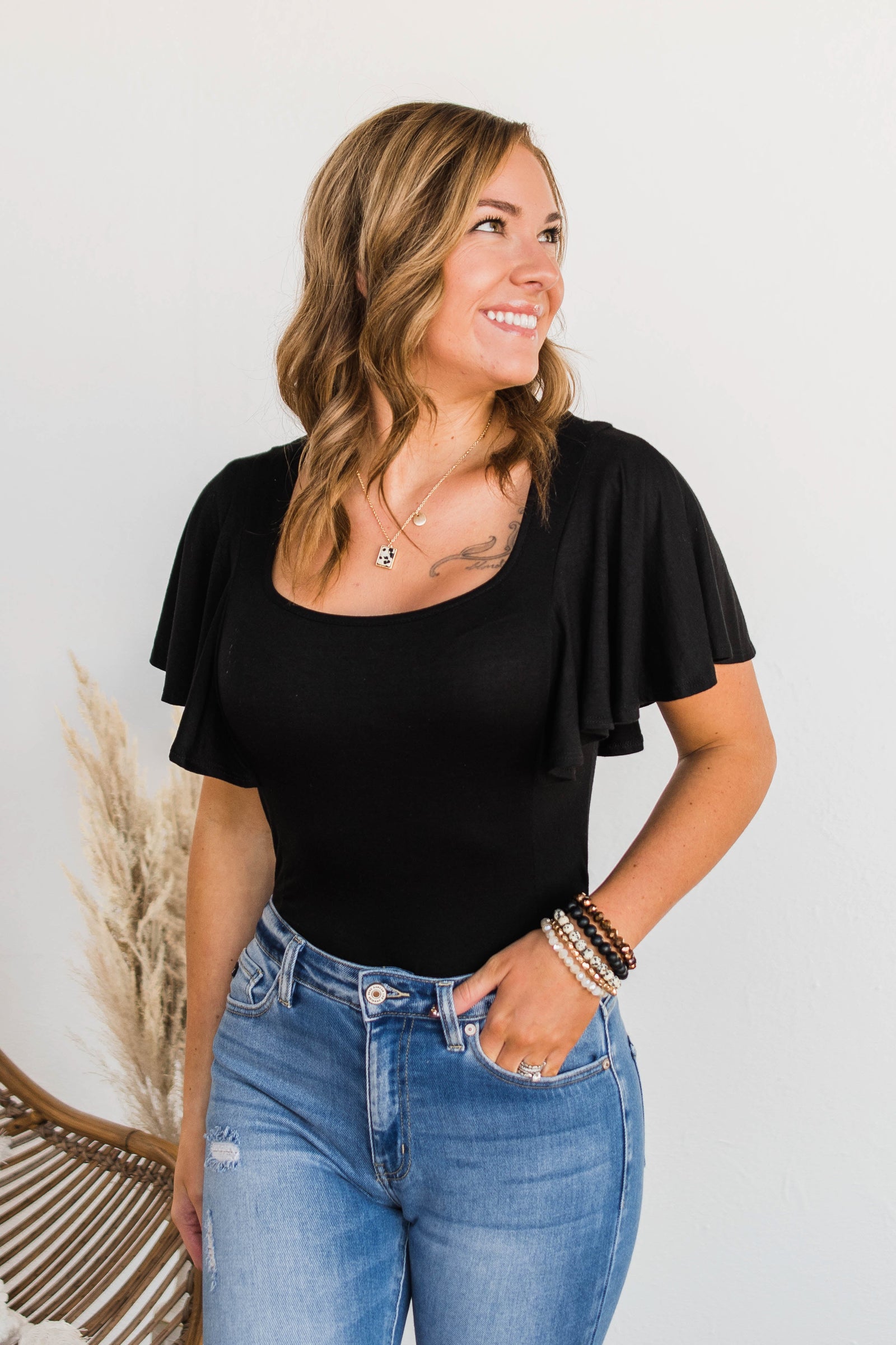 No Time Wasted Flutter Sleeve Bodysuit- Black