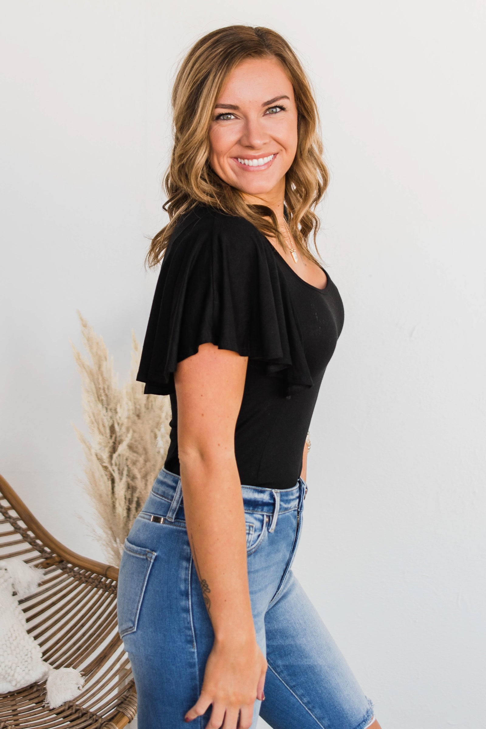 No Time Wasted Flutter Sleeve Bodysuit- Black