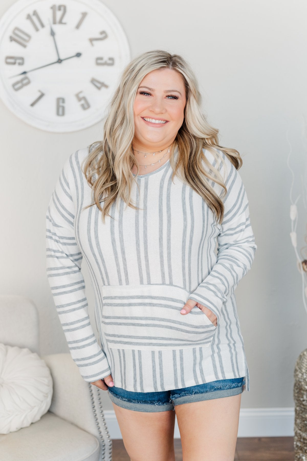 Magnificent Mornings Striped Hoodie- Charcoal