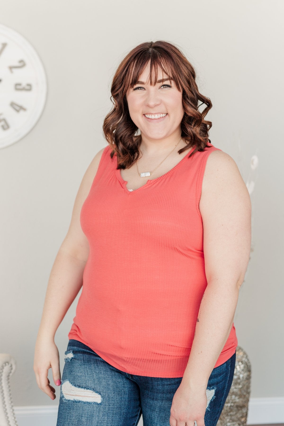 Light Up My Life Notch Tank Top- Deep Coral