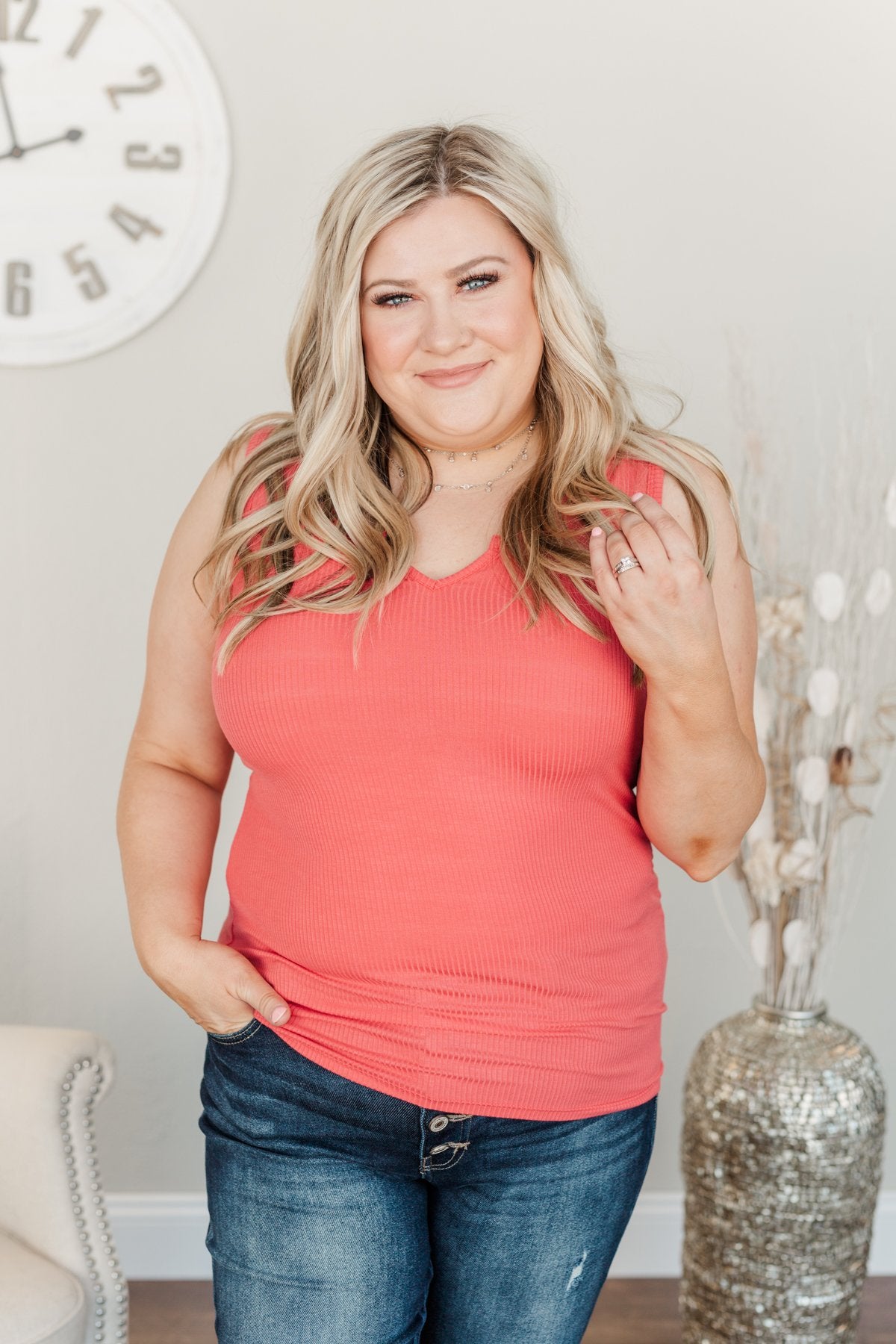 Light Up My Life Notch Tank Top- Deep Coral