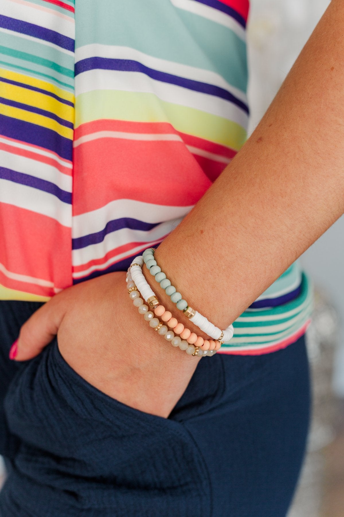 Lovely Little Beaded Bracelet Set- Mint, Ivory, & Peach
