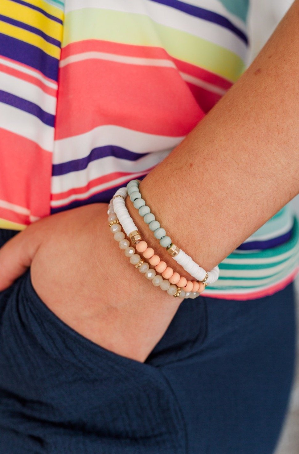 Lovely Little Beaded Bracelet Set- Mint, Ivory, & Peach