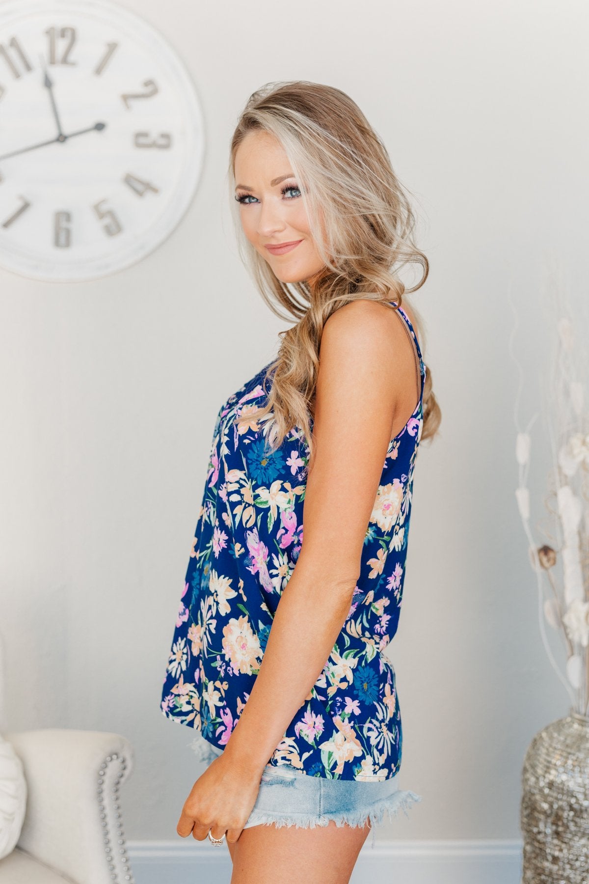 Feeling Positive Floral Lace Tank Top- Cobalt Blue