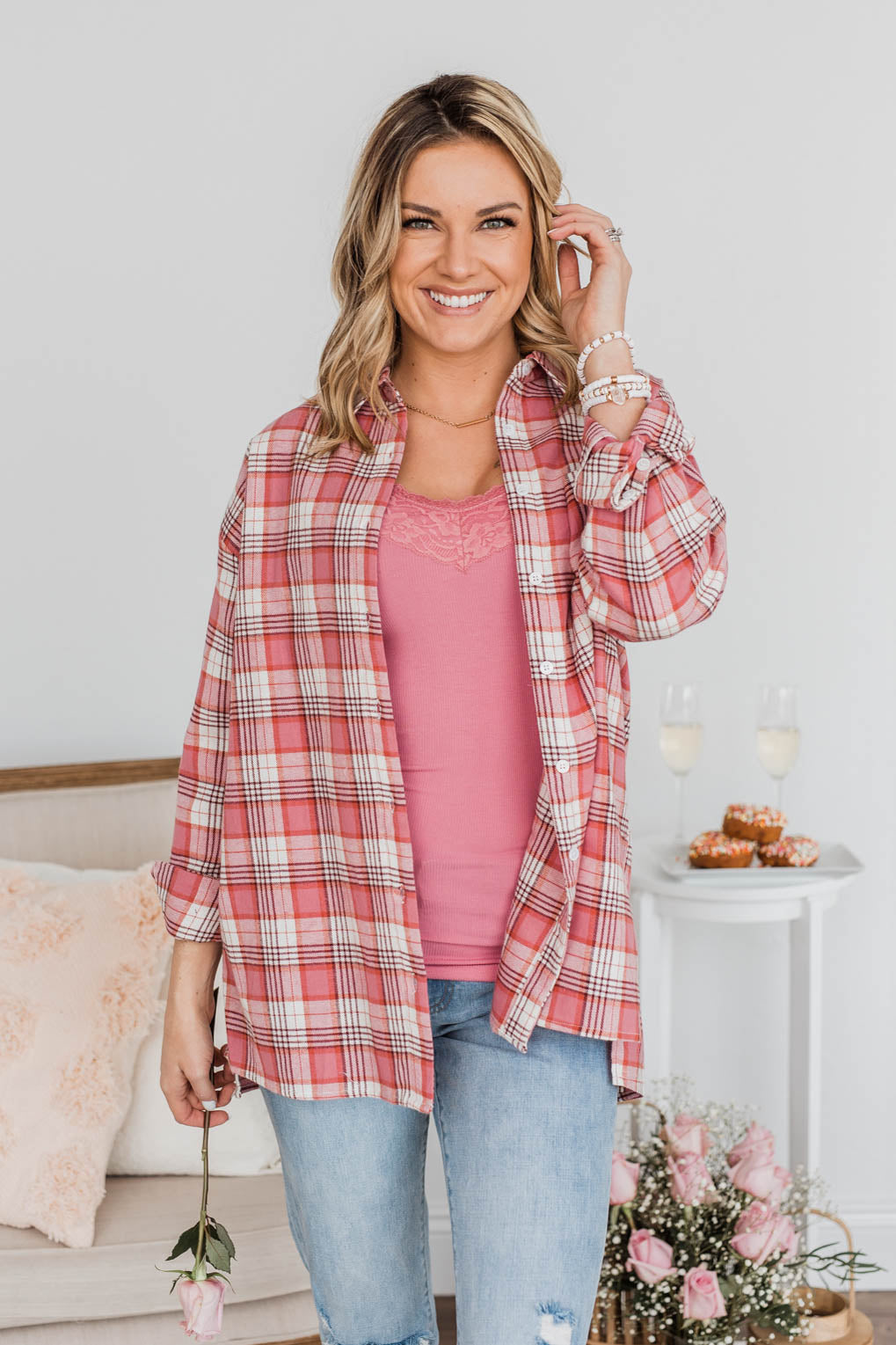What's Next For Us Plaid Button Top- Red