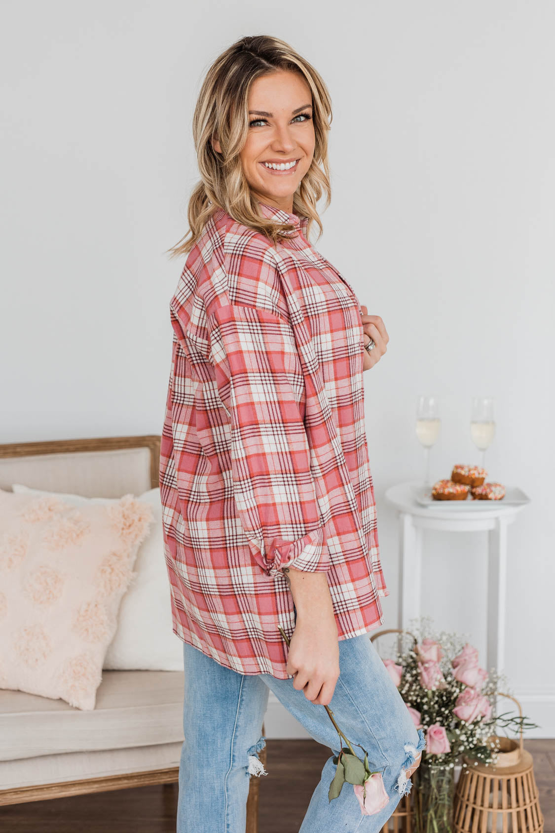 What's Next For Us Plaid Button Top- Red