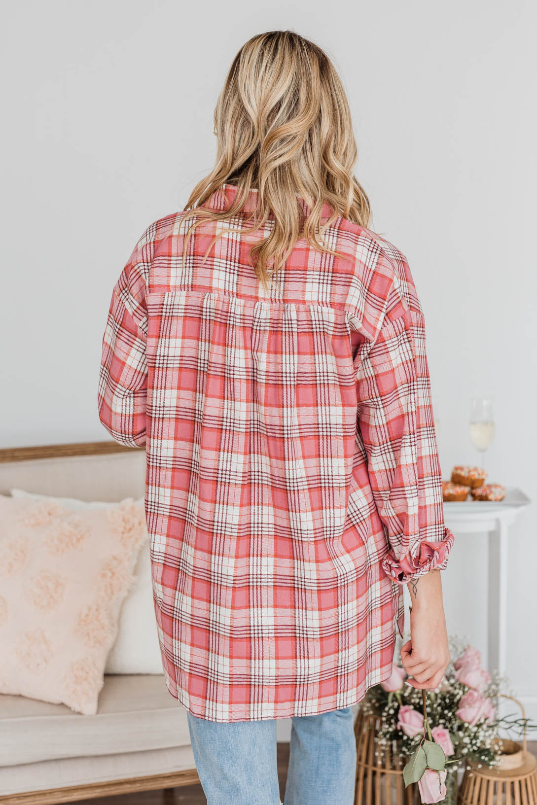 What's Next For Us Plaid Button Top- Red