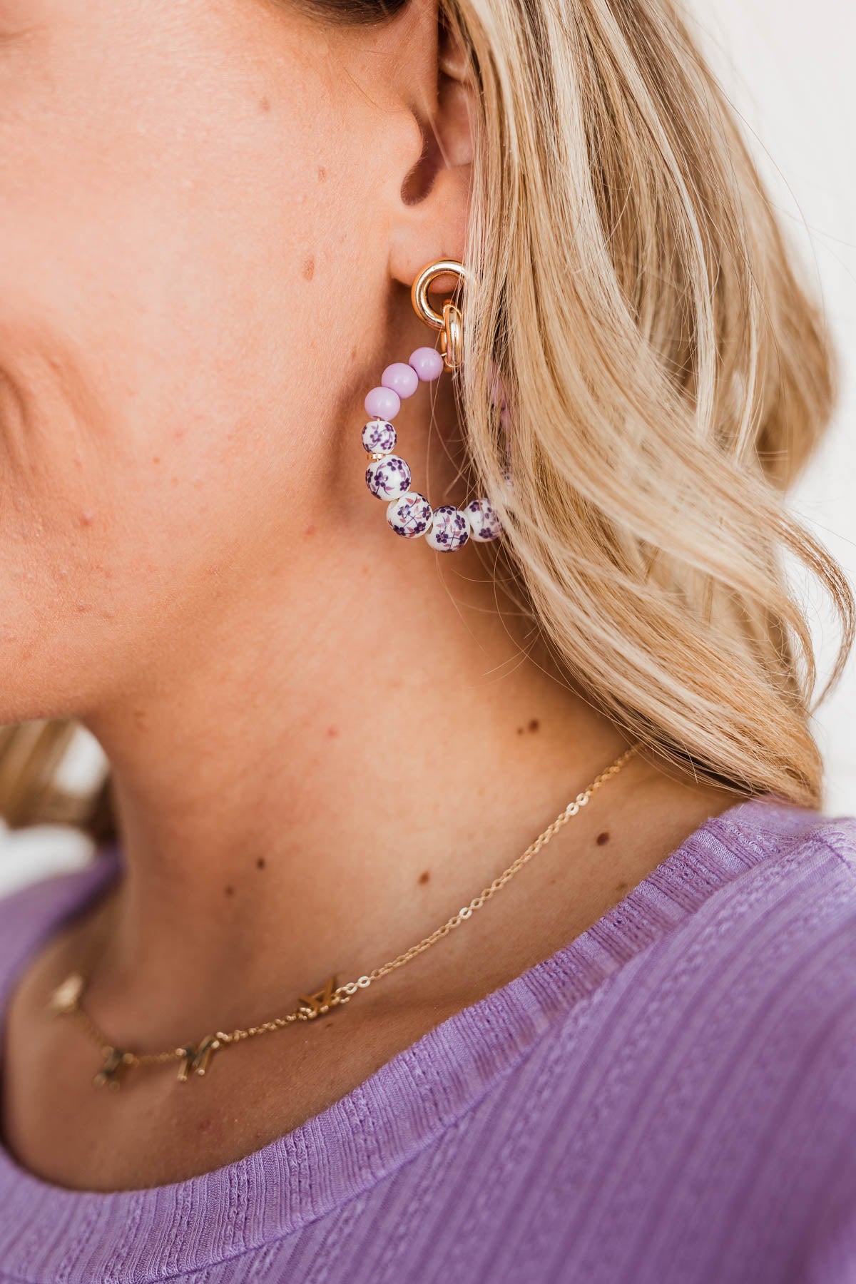 Unlike Anyone Floral Beaded Hoop Earrings- Purple