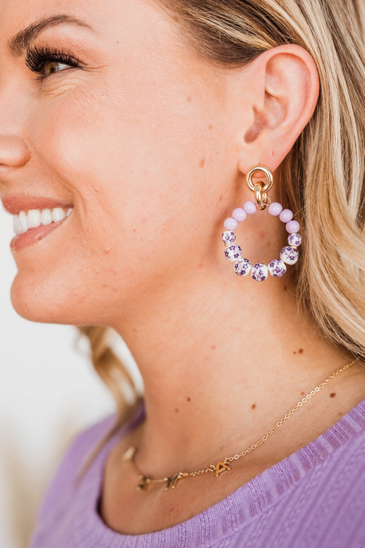 Unlike Anyone Floral Beaded Hoop Earrings- Purple