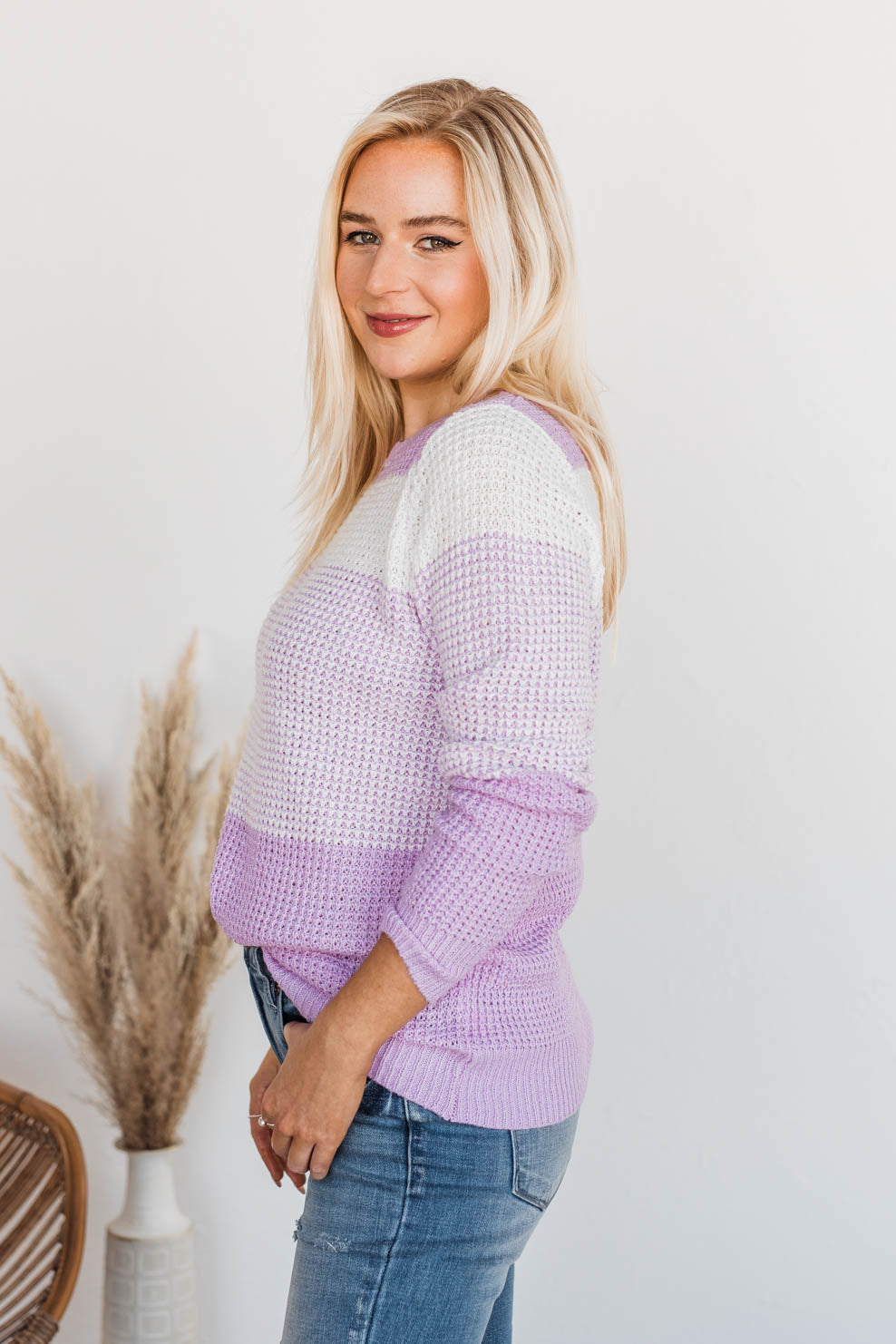 Enjoying Life Color Block Knit Sweater- Lavender & Ivory