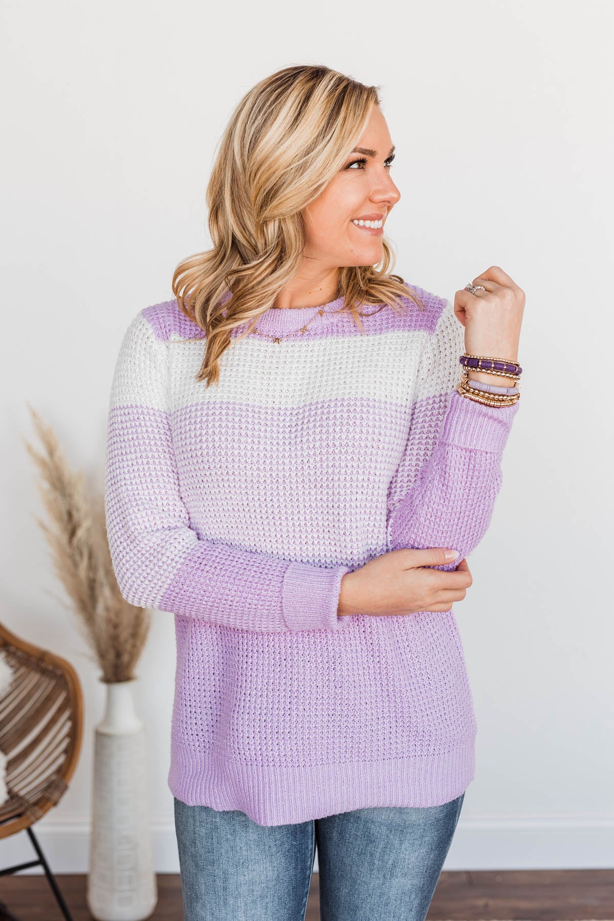 Enjoying Life Color Block Knit Sweater- Lavender & Ivory