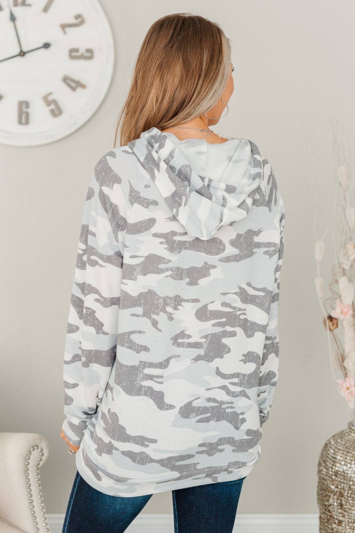 Anything Is Possible Drawstring Hoodie- Grey Camo