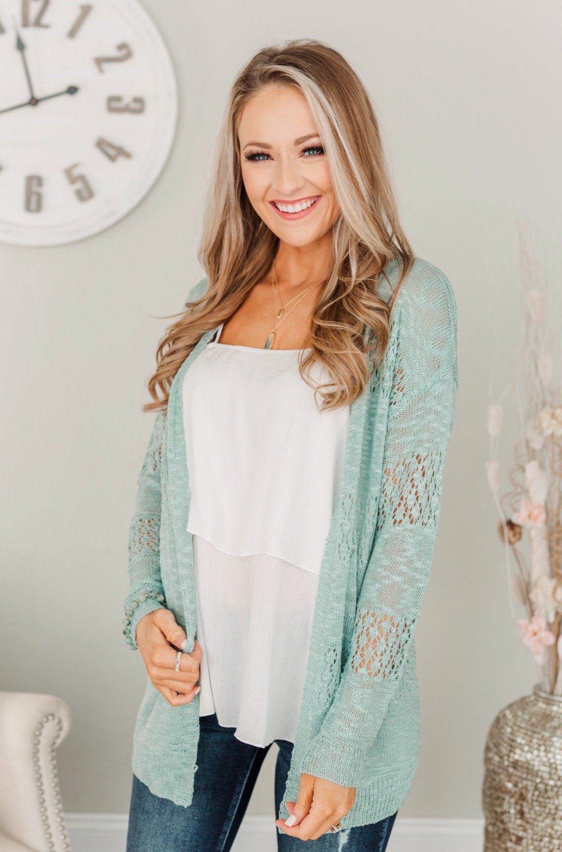 Lovely Life To Live Open Knit Cardigan- Dusty Teal