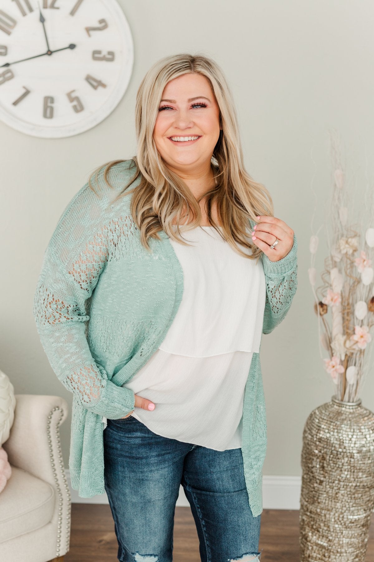 Lovely Life To Live Open Knit Cardigan- Dusty Teal