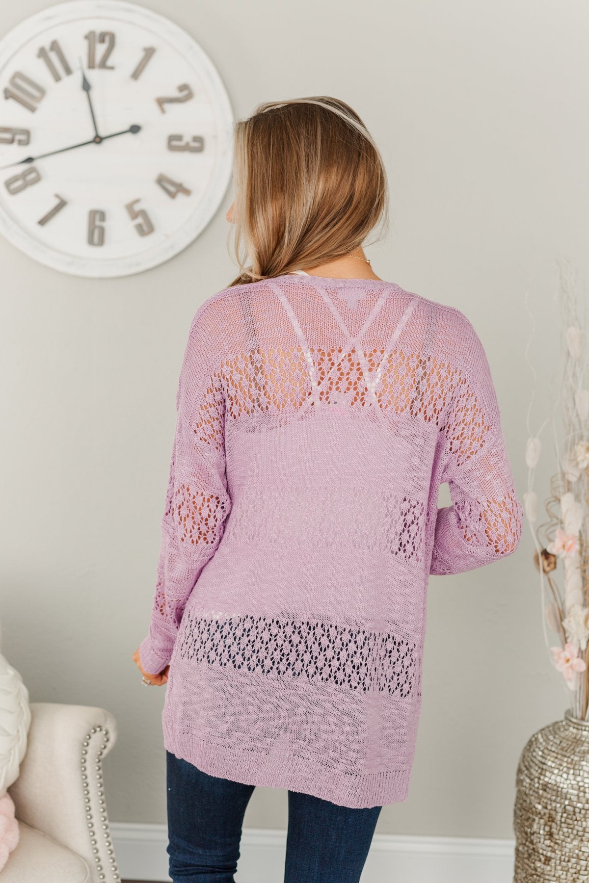 Lovely Life To Live Open Knit Cardigan- Lavender