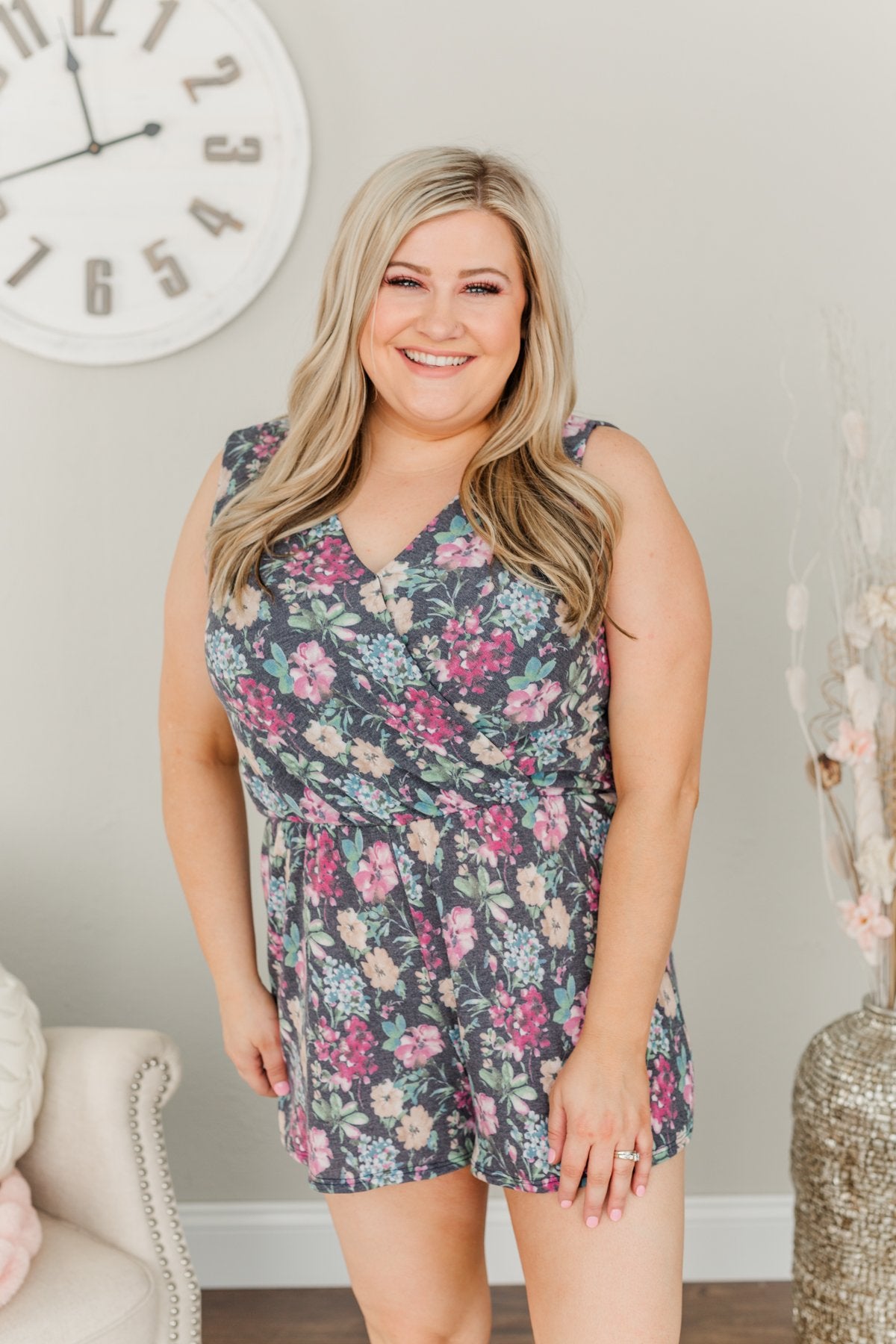 Bloom With Grace Floral Romper- Charcoal