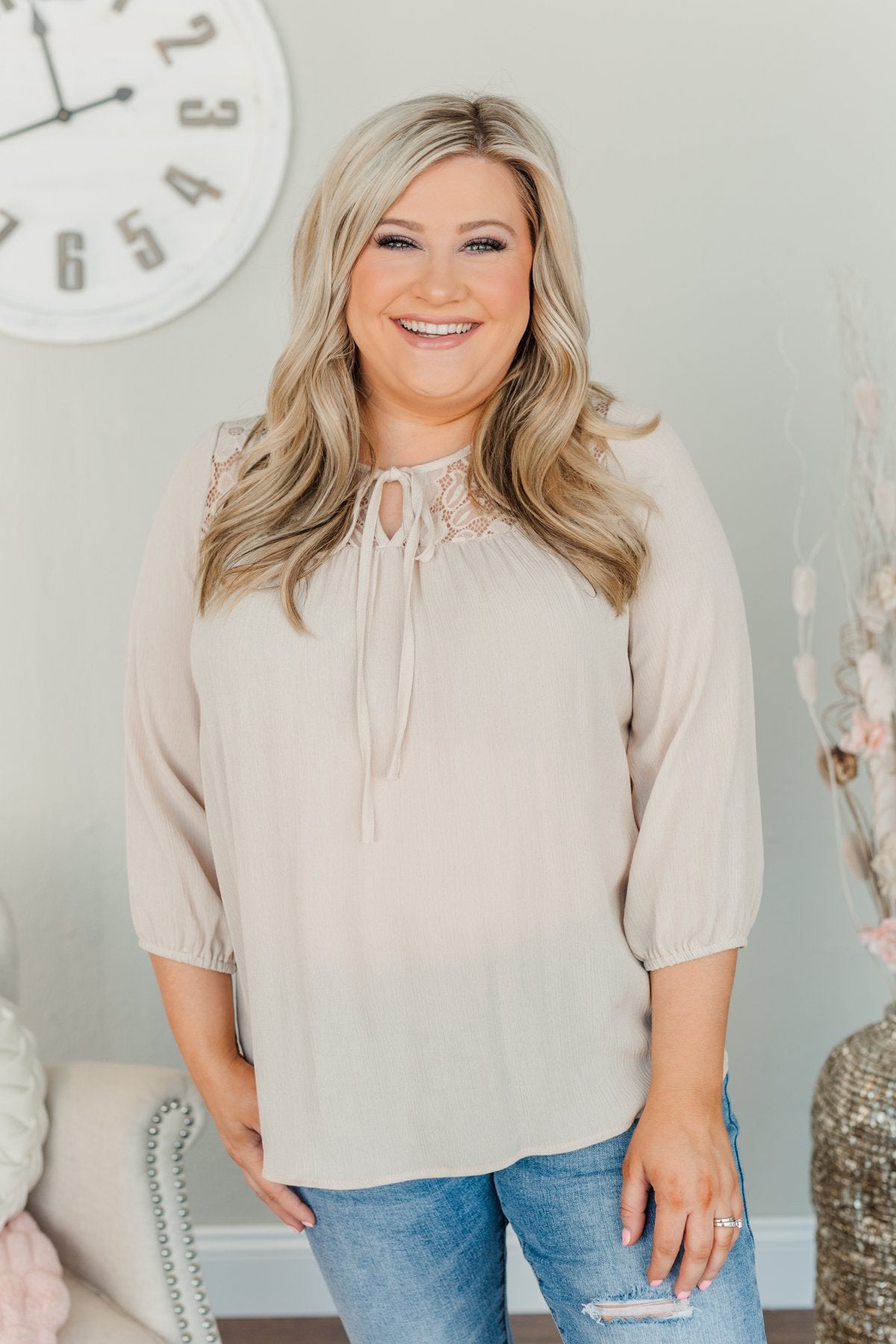 Sweet & Stylish Lace Tie Top- Oatmeal